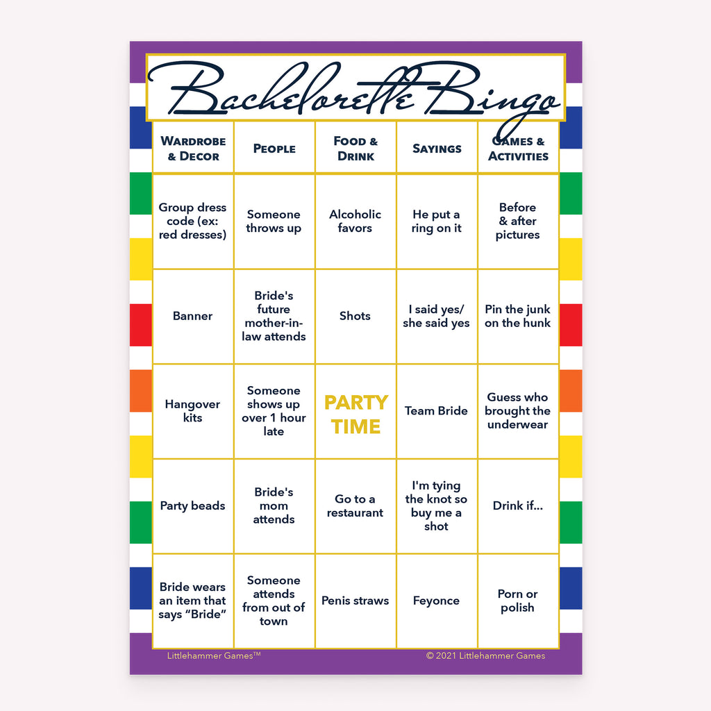 Bachelorette Bingo game card with a rainbow striped background