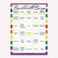 Bachelorette Bingo game card with a rainbow striped background
