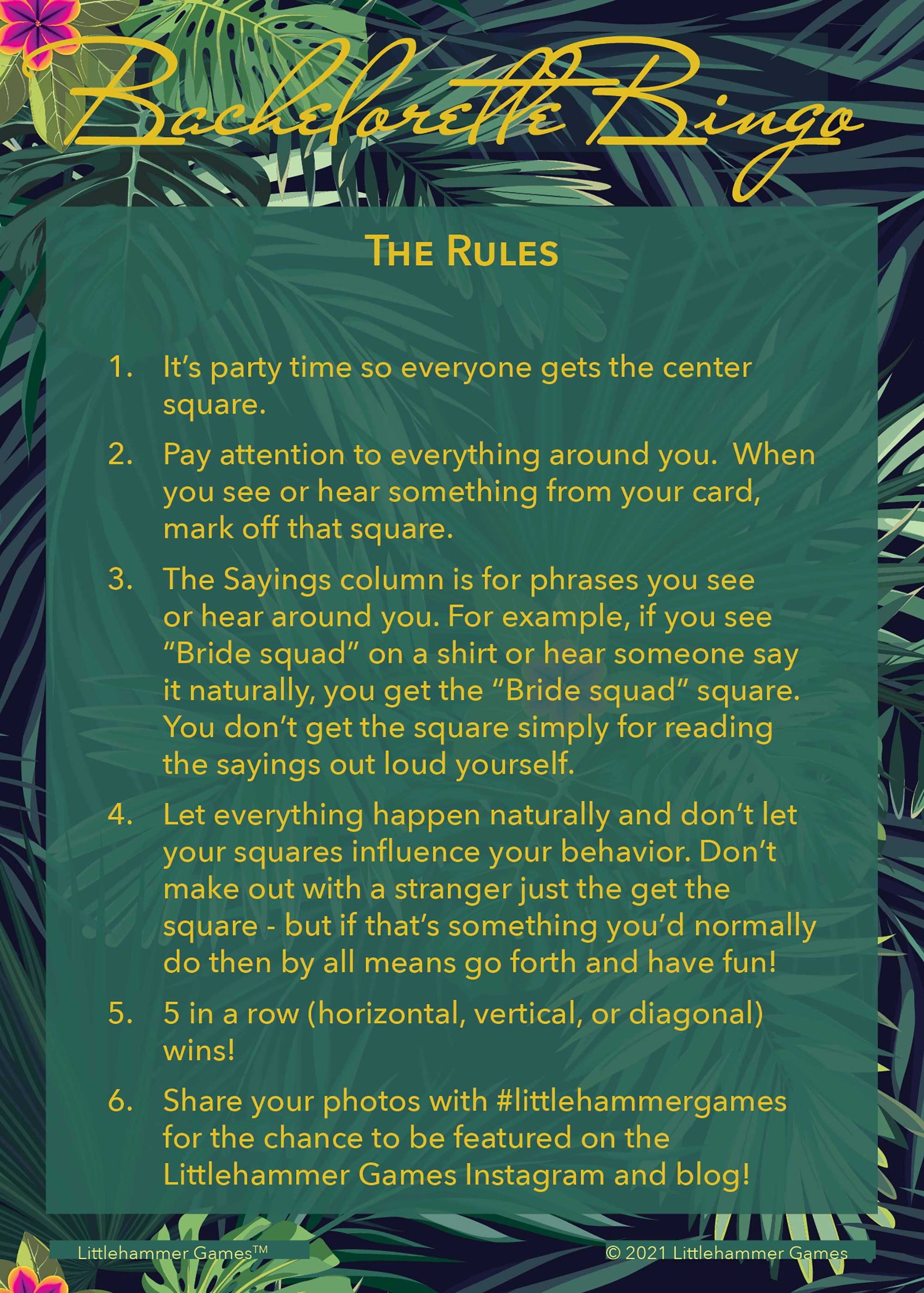 Bachelorette Bingo rules card with gold text on a tropical background
