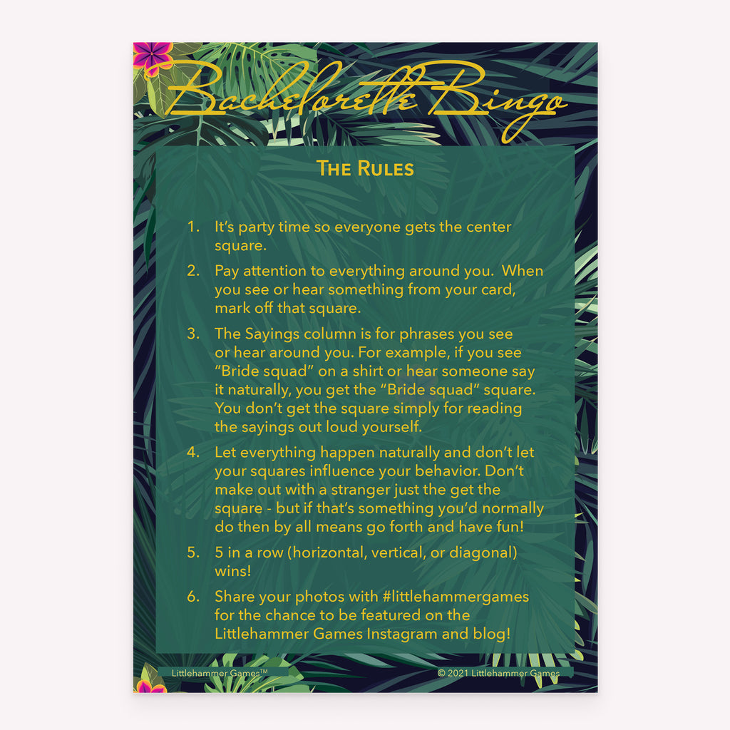 Printable bachelorette party Bachelorette Bingo rules card in a tropical theme