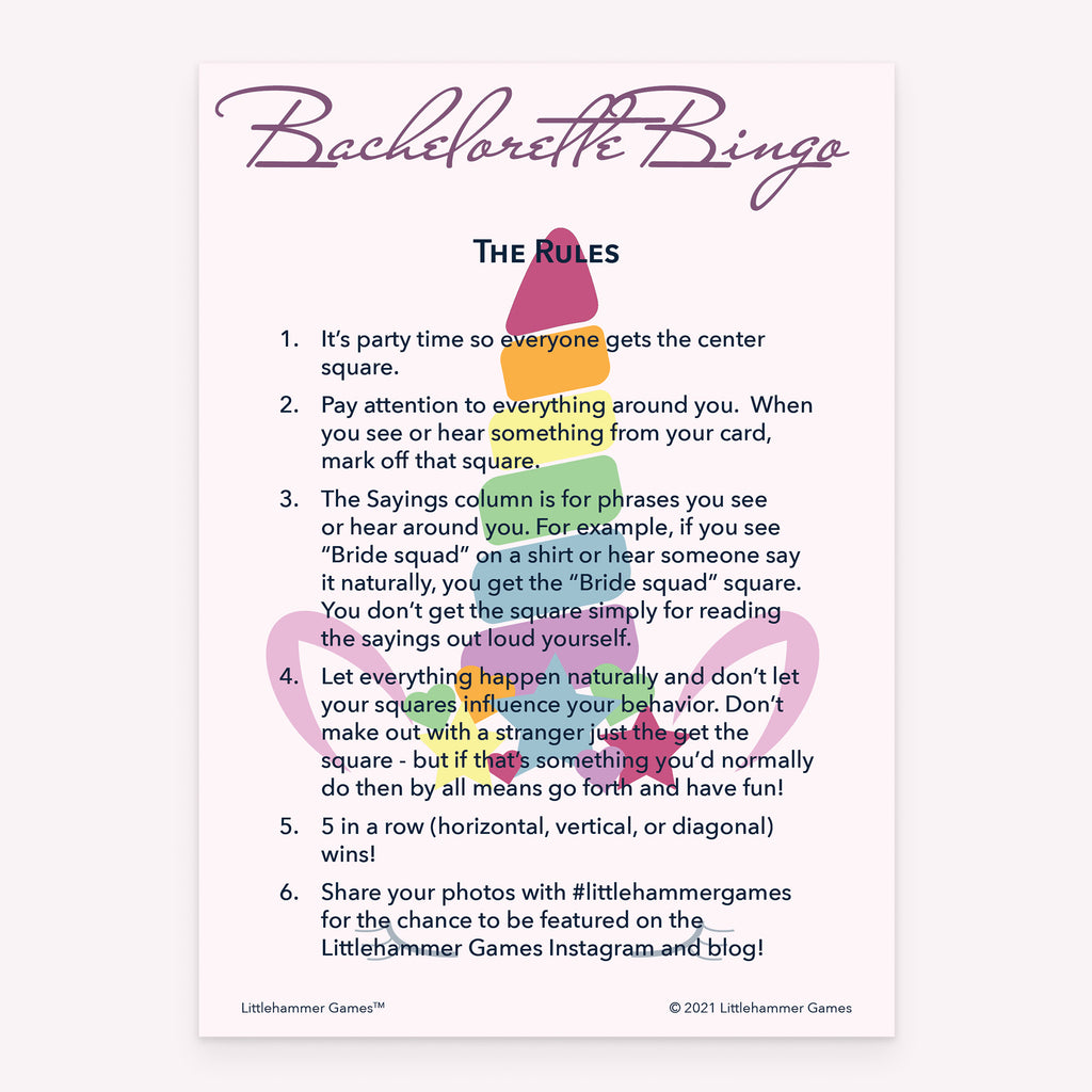 Printable bachelorette party Bachelorette Bingo rules card in a unicorn theme