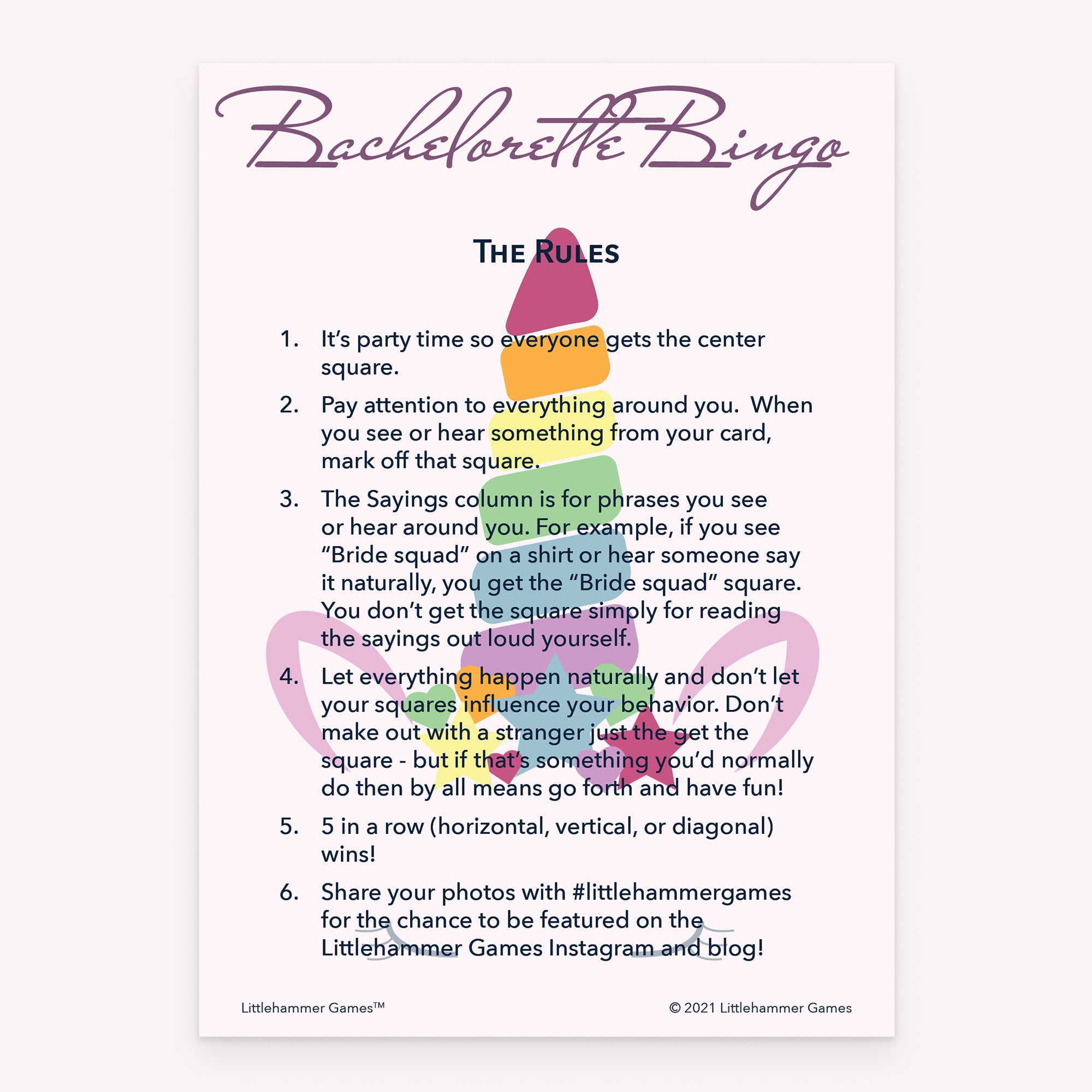 Printable bachelorette party Bachelorette Bingo rules card in a unicorn theme