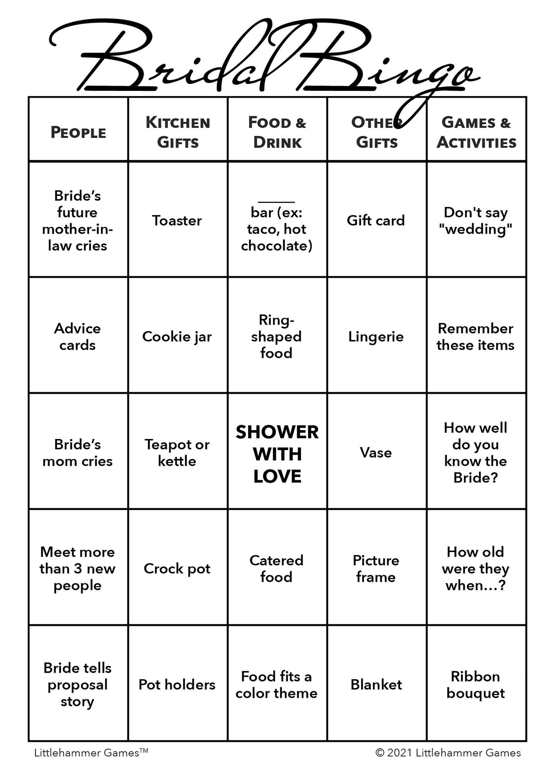 Bridal Bingo game card with black text on a white background