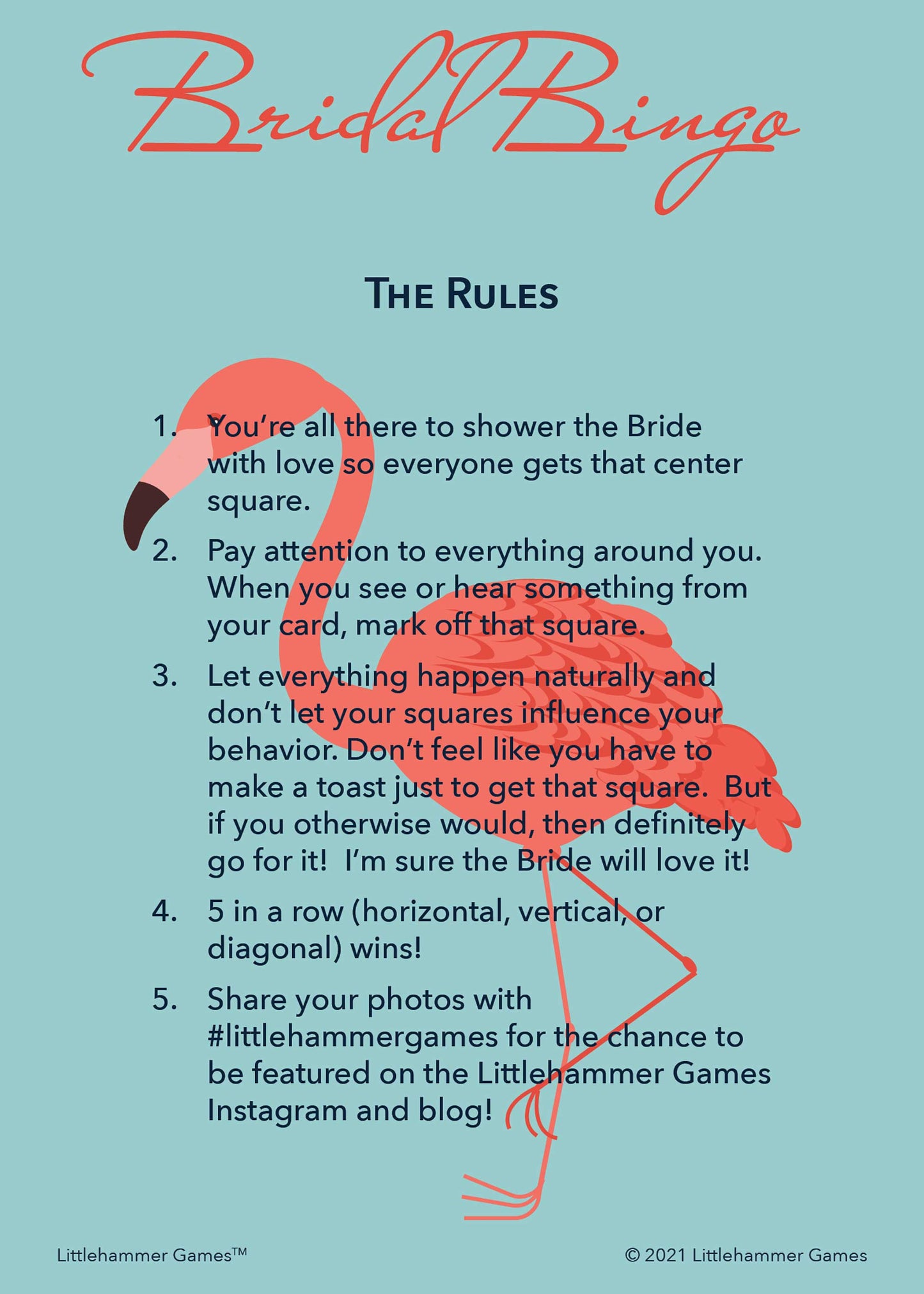 Bridal Bingo rules card on a flamingo background