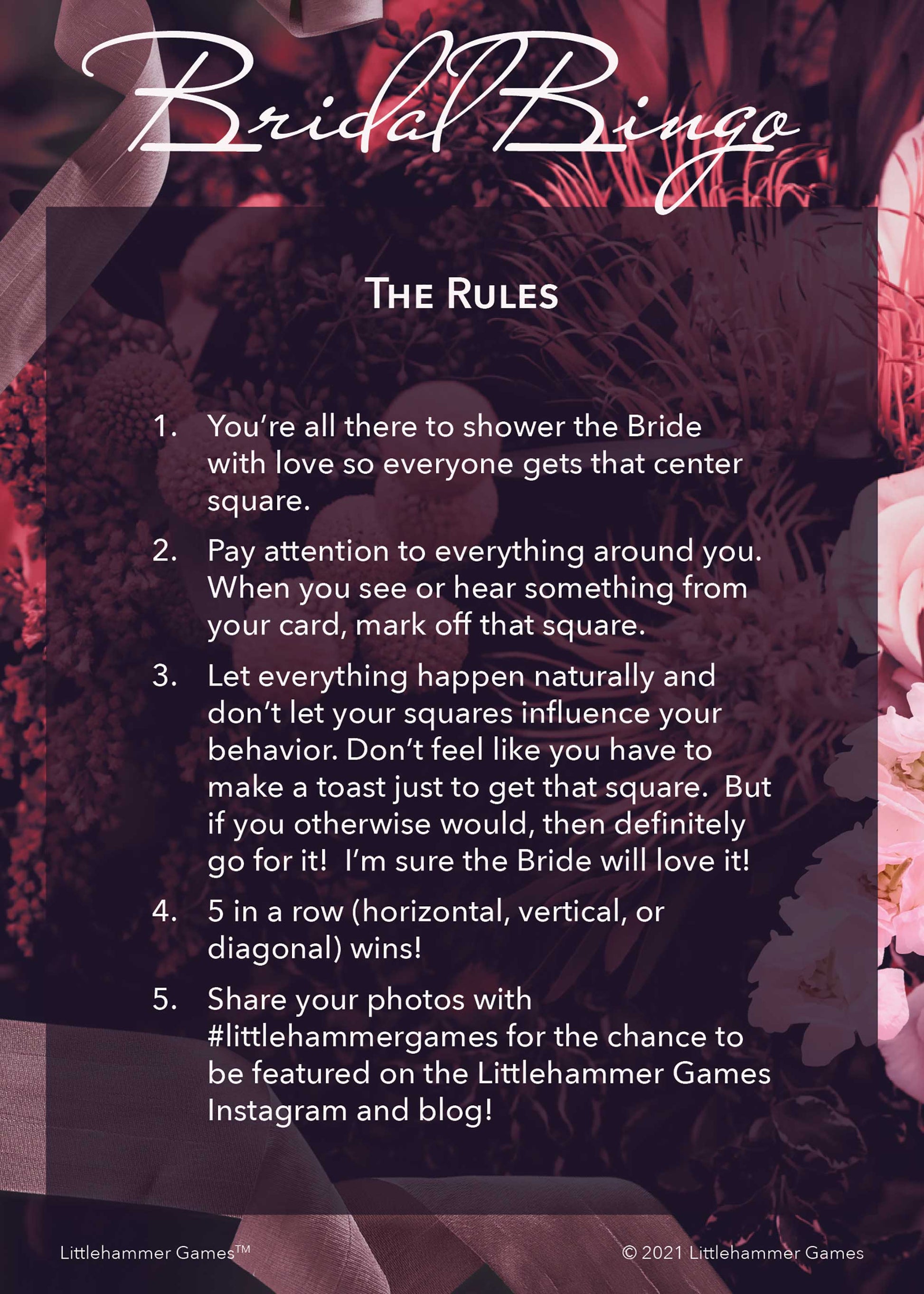 Bridal Bingo rules card on a dark floral background