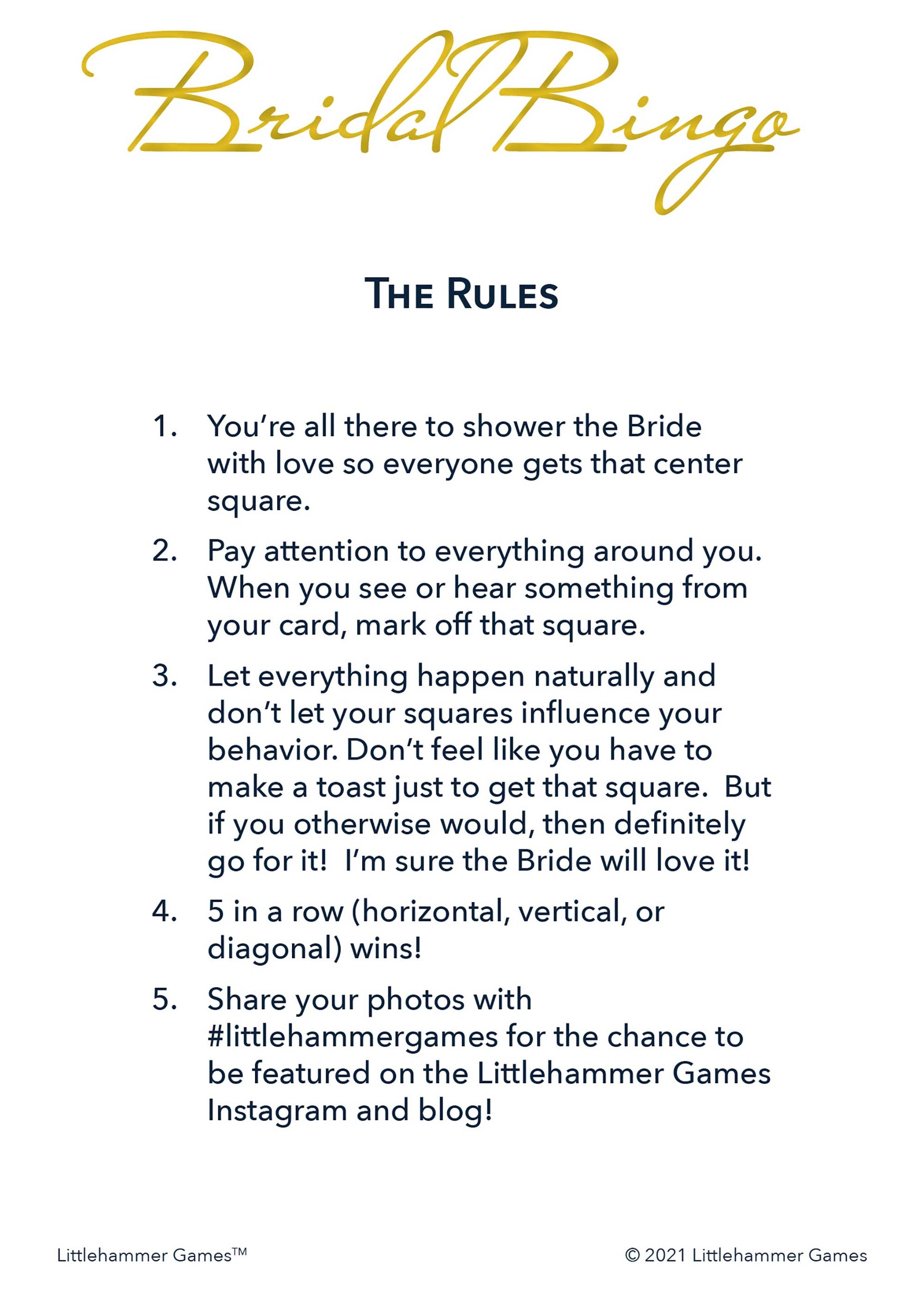 Bridal Bingo rules card with gold text on a white background