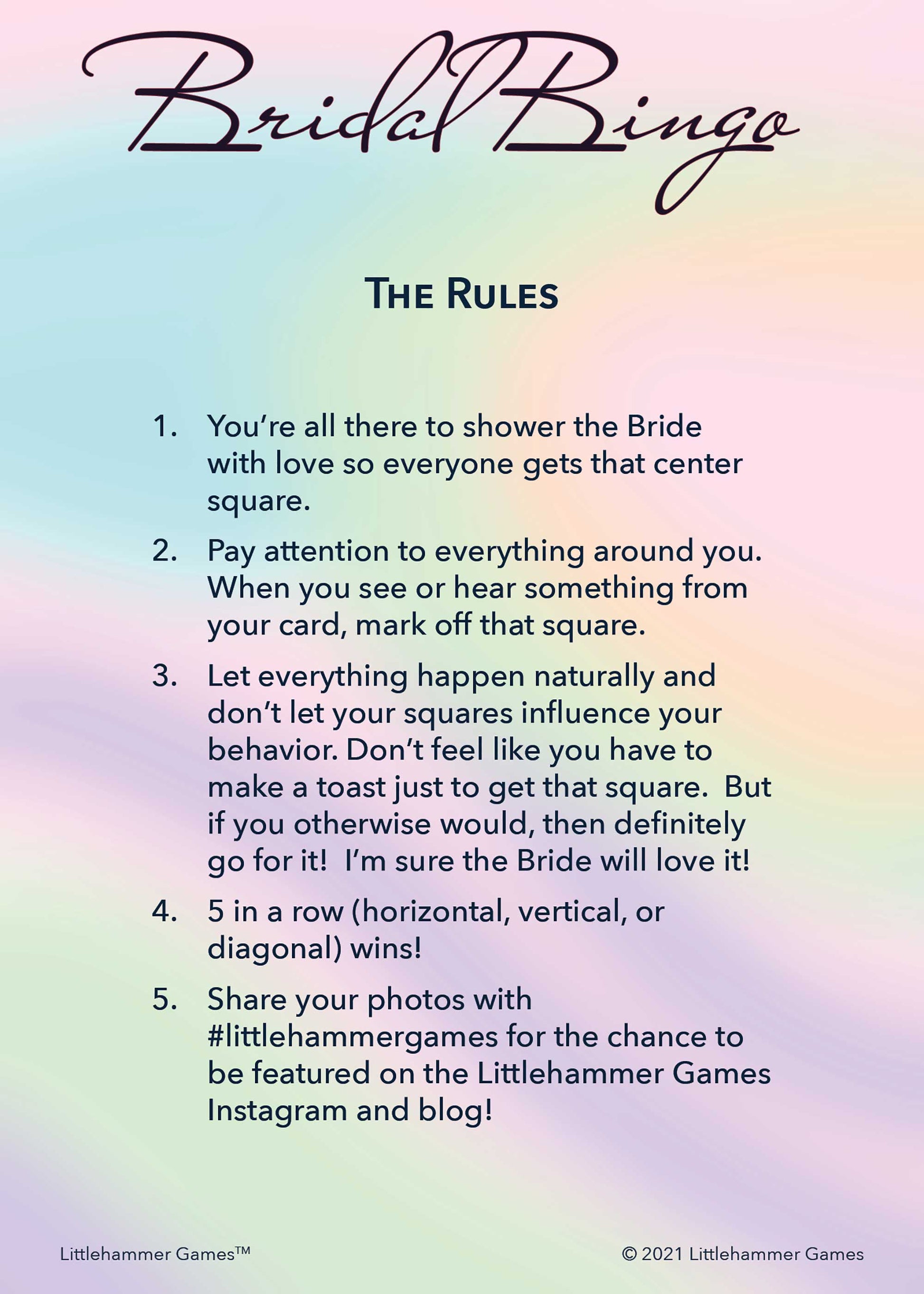 Bridal Bingo rules card on an iridescent background
