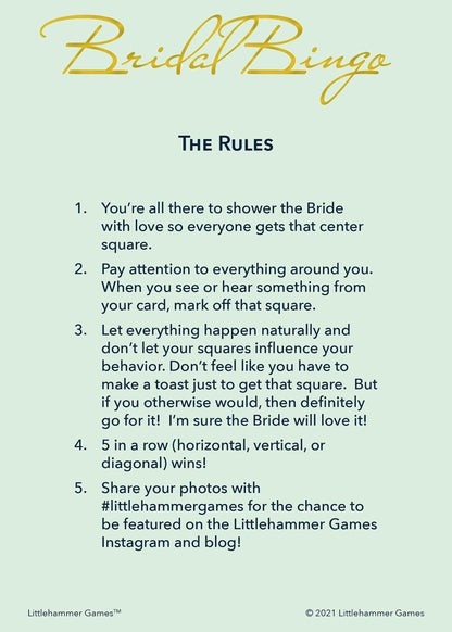 Bridal Bingo rules card on a mint green background