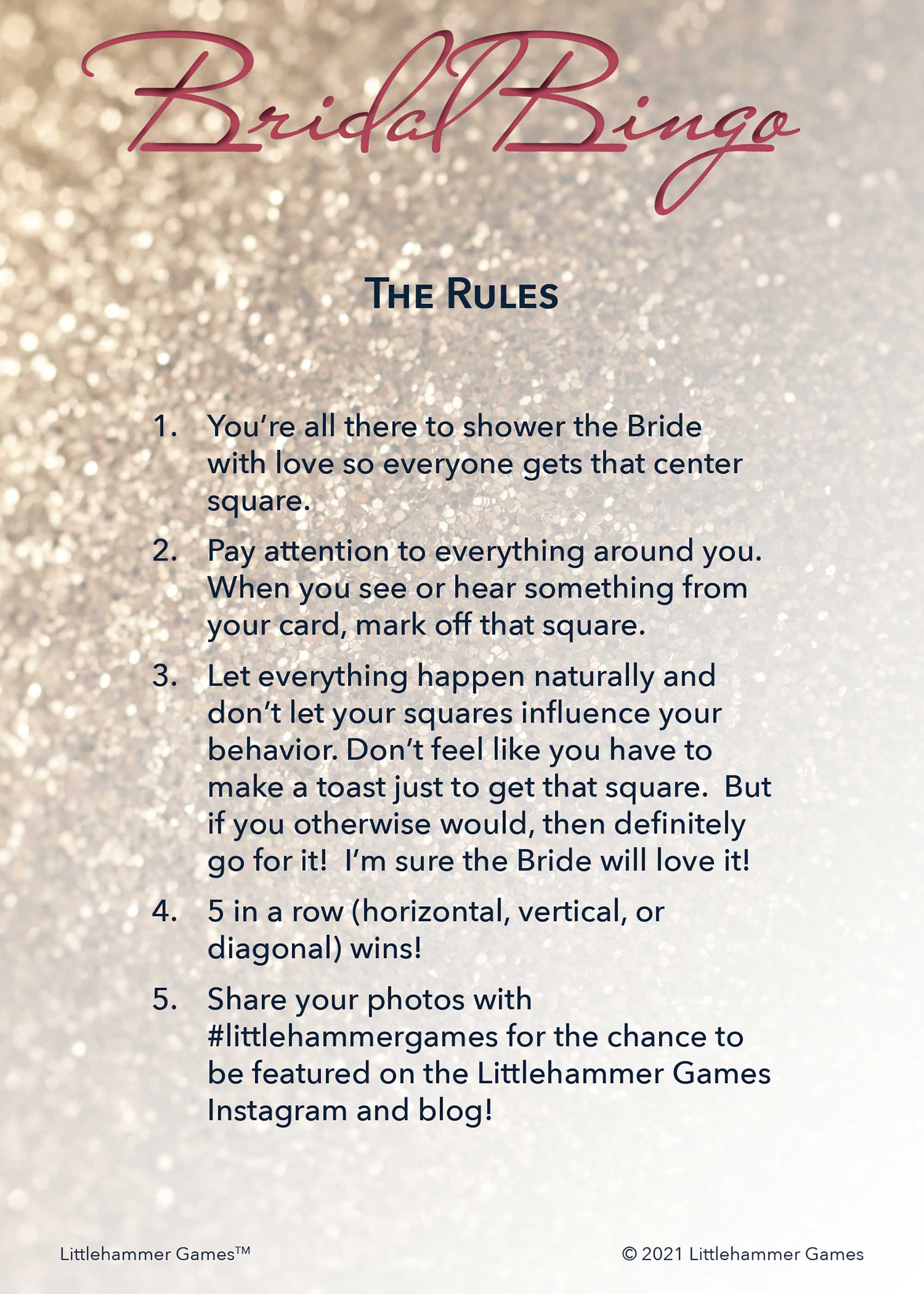 Bridal Bingo rules card on a glittery rose gold background