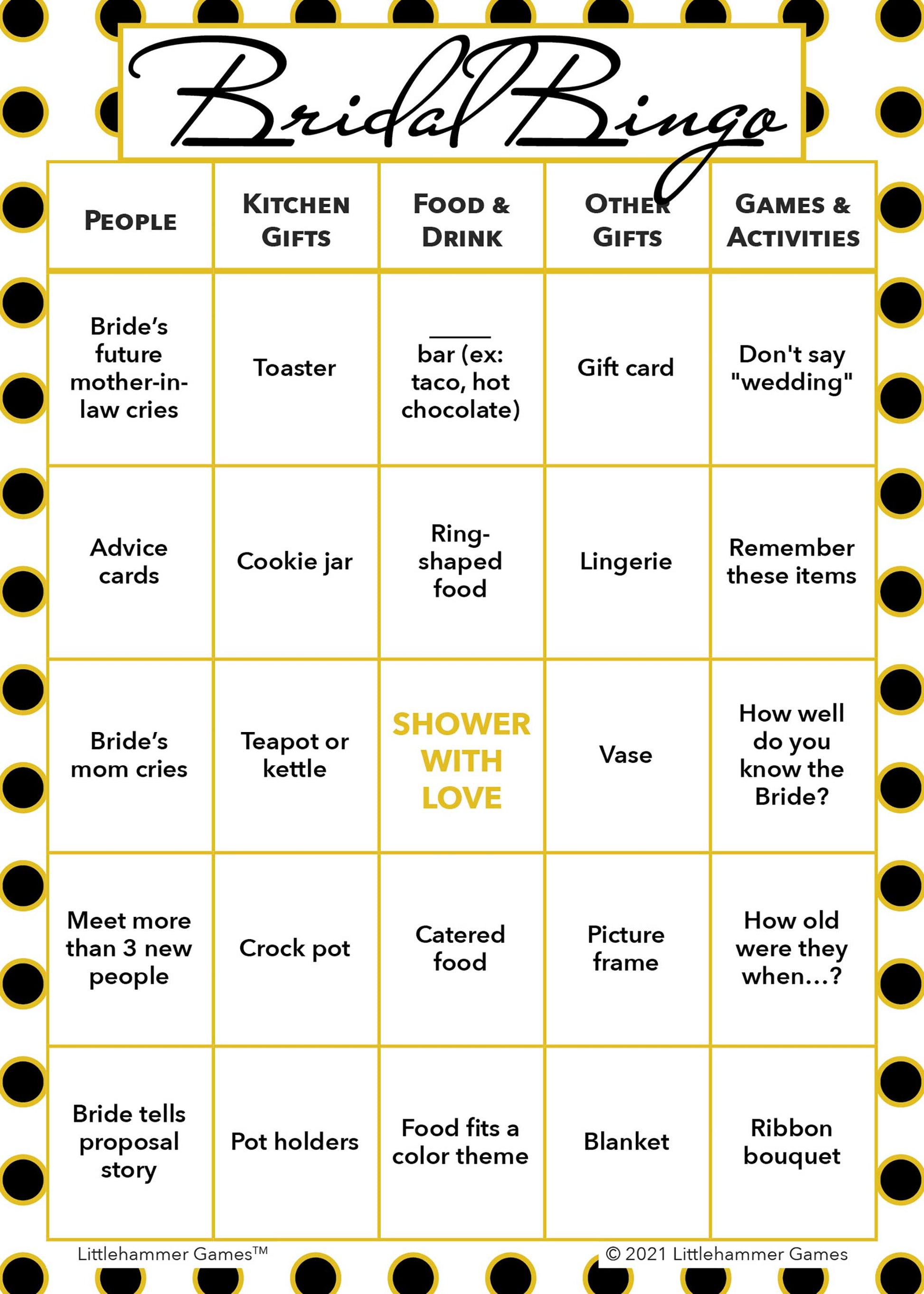 Bridal Bingo game card with a black and gold polka dot background
