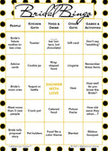 Bridal Bingo game card with a black and gold polka dot background