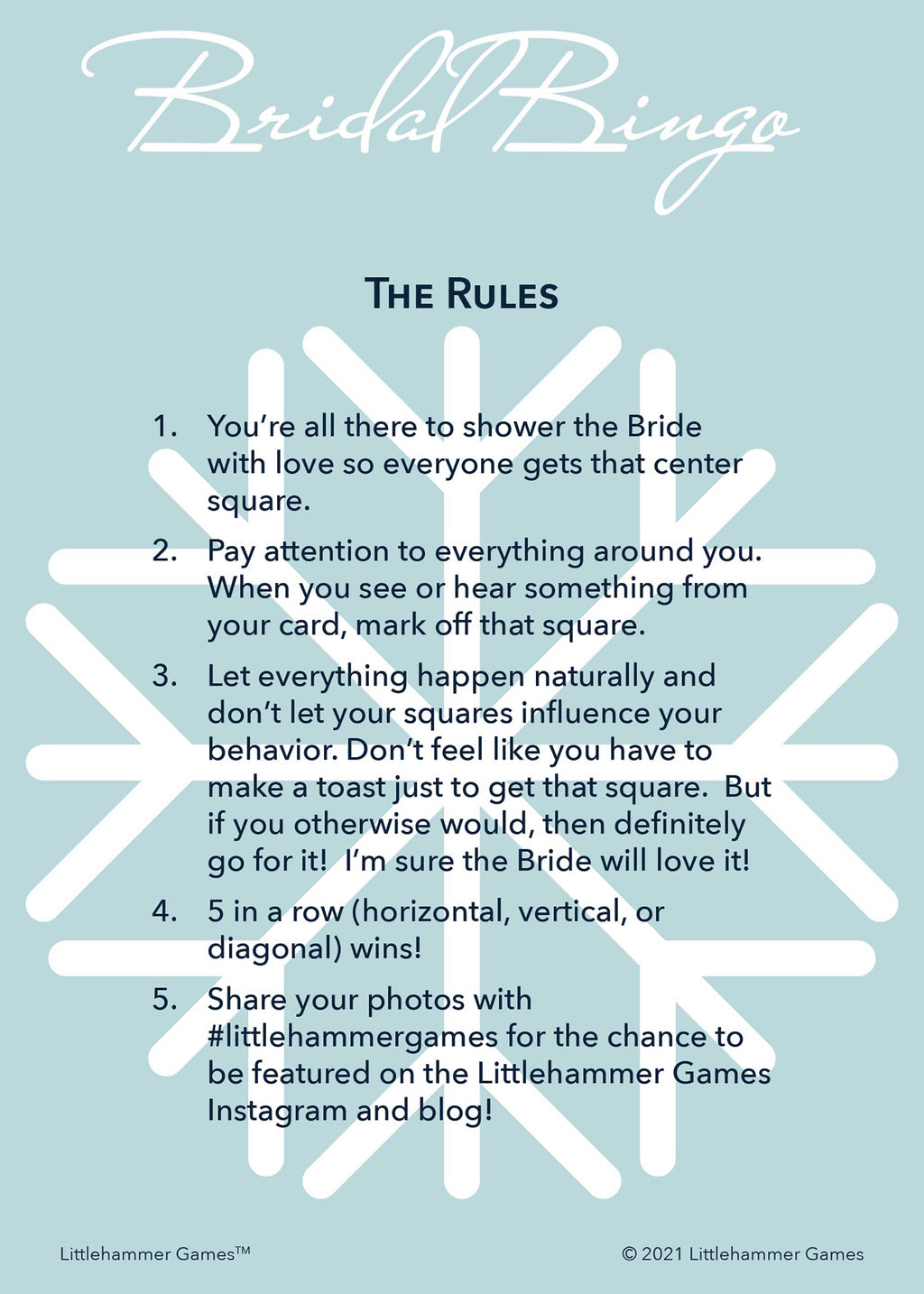 Bridal Bingo rules card on a snowflake background