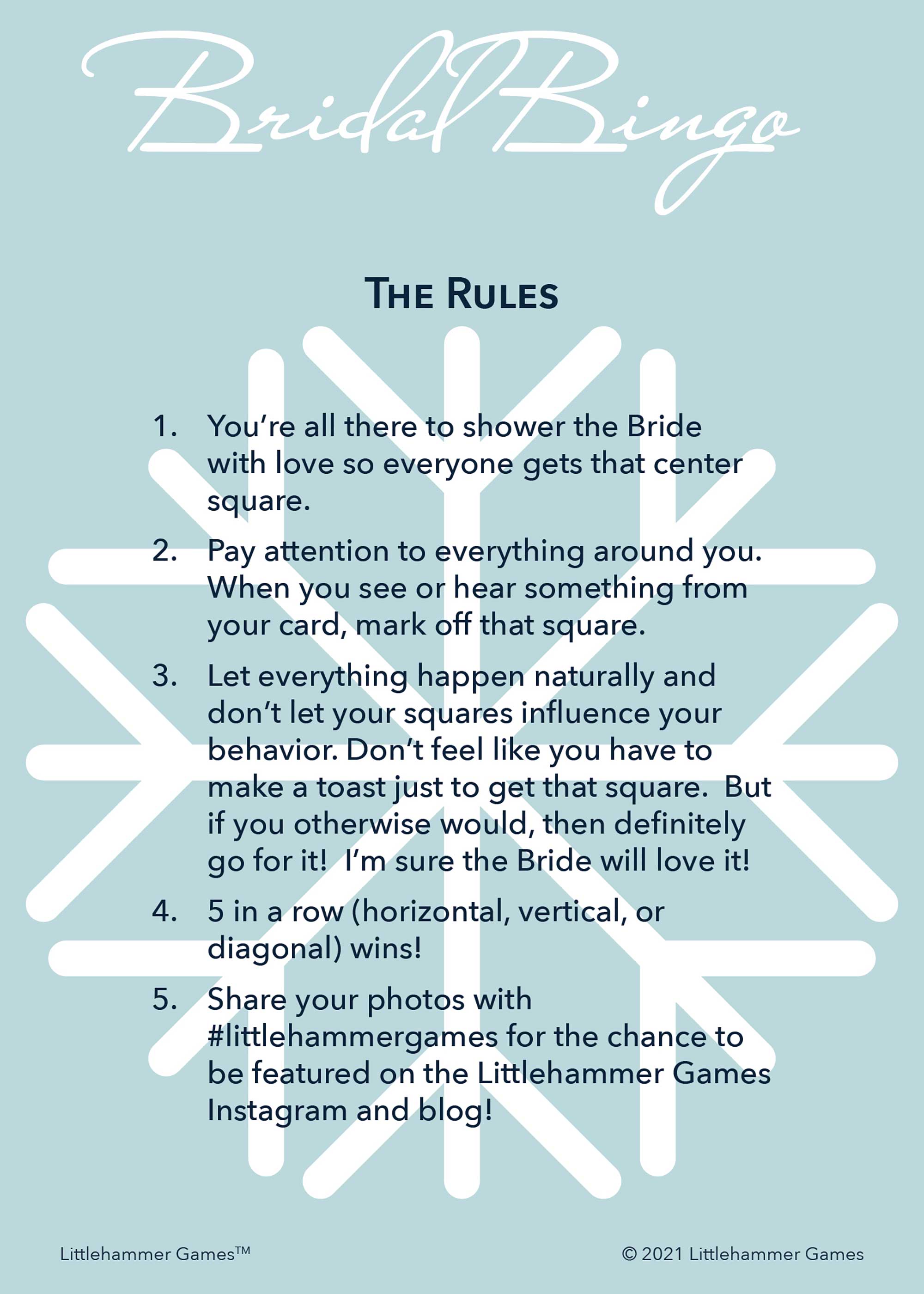 Bridal Bingo rules card on a snowflake background