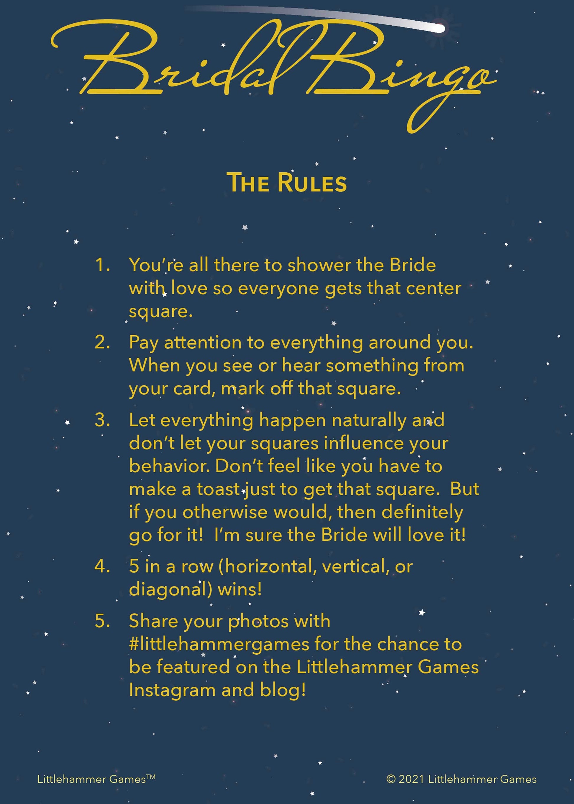 Bridal Bingo rules card with gold text on a celestial background