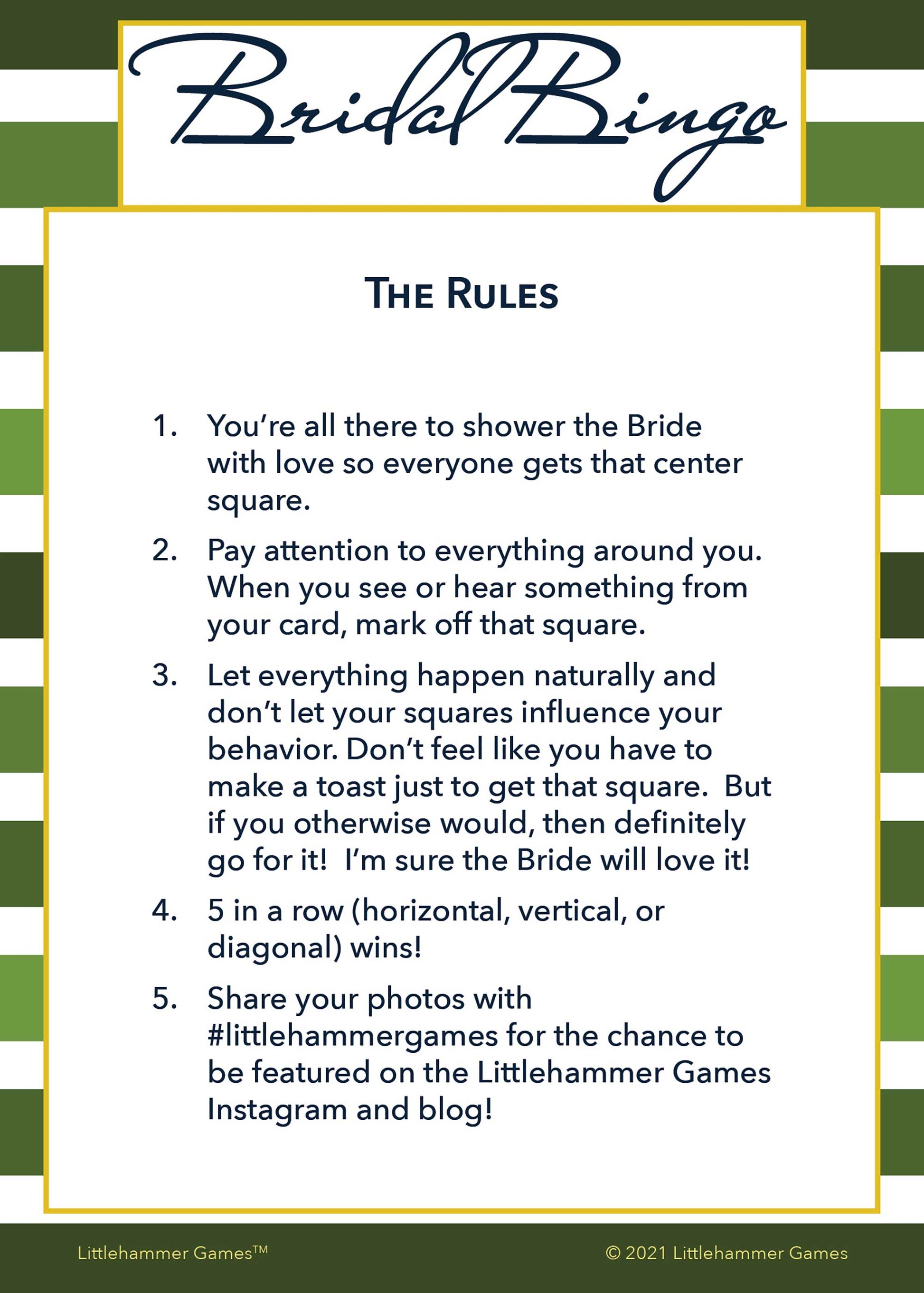 Bridal Bingo rules card on a green-striped background