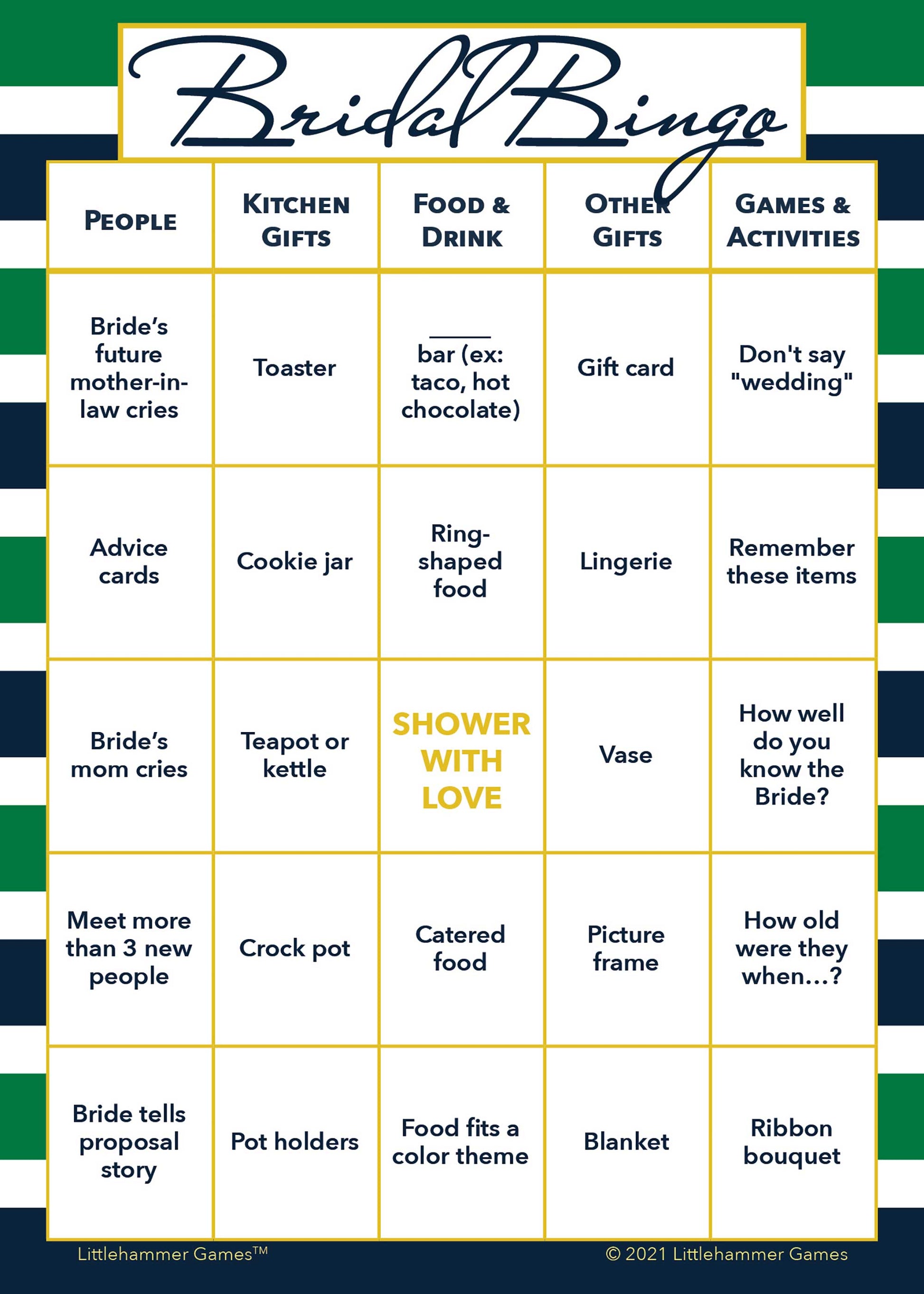 Bridal Bingo game card with a green and navy-striped background