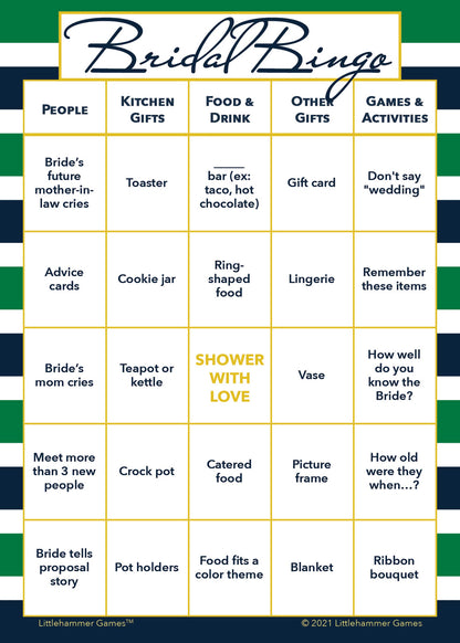 Bridal Bingo game card with a green and navy-striped background