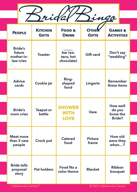 Bridal Bingo game card with a hot pink-striped background