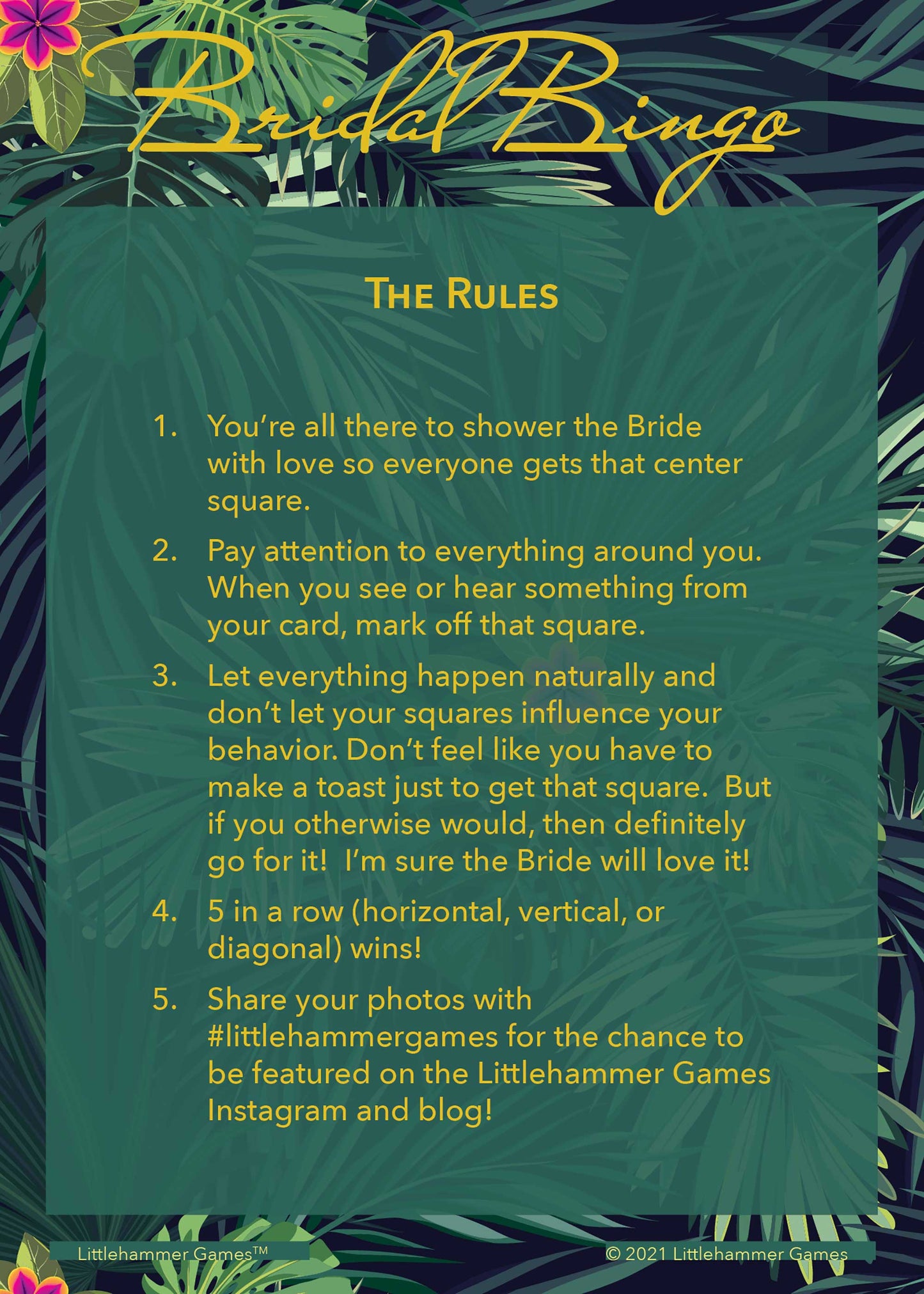 Bridal Bingo rules card with gold text on a tropical background