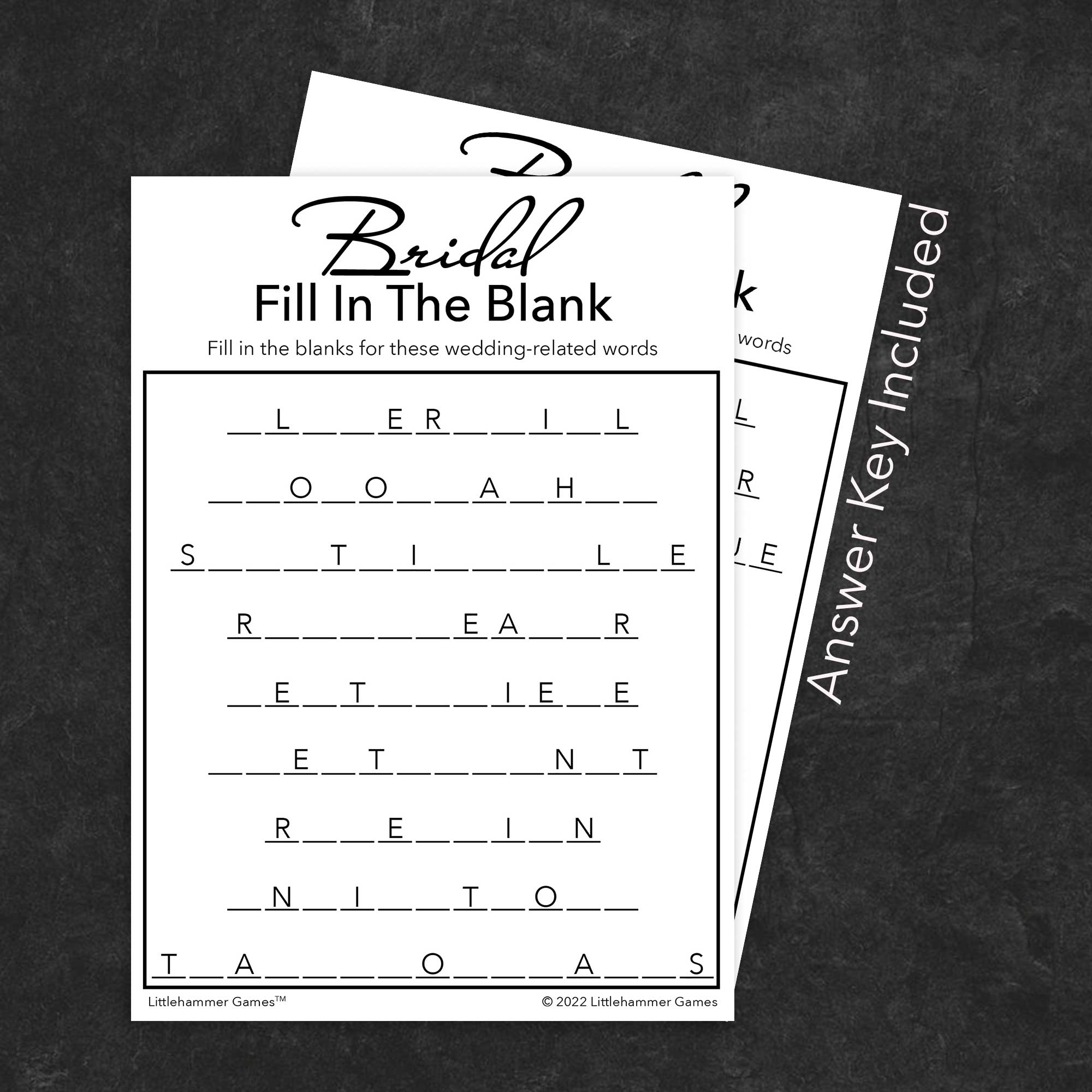 Bridal Fill in the Blank game card with a minimalist black and white background with answer card tucked behind it on a slate background with white text that says "Answer Key Included"