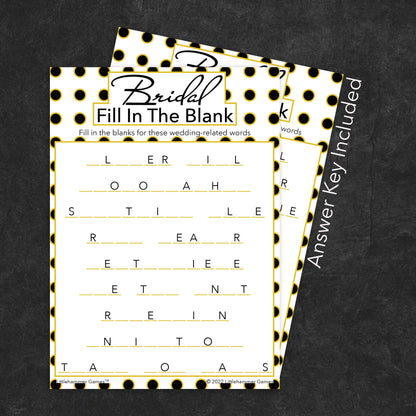 Bridal Fill in the Blank game card with a black and gold polka dot background with answer card tucked behind it on a slate background with white text that says "Answer Key Included"