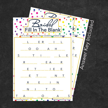 Bridal Fill in the Blank game card with a rainbow polka dot background with answer card tucked behind it on a slate background with white text that says "Answer Key Included"