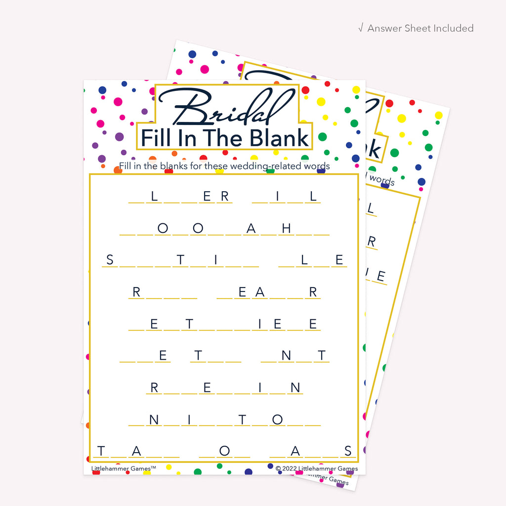 Bridal Fill in the Blank game card with a rainbow polka dot background with answer card tucked behind it on a slate background with white text that says "Answer Key Included"