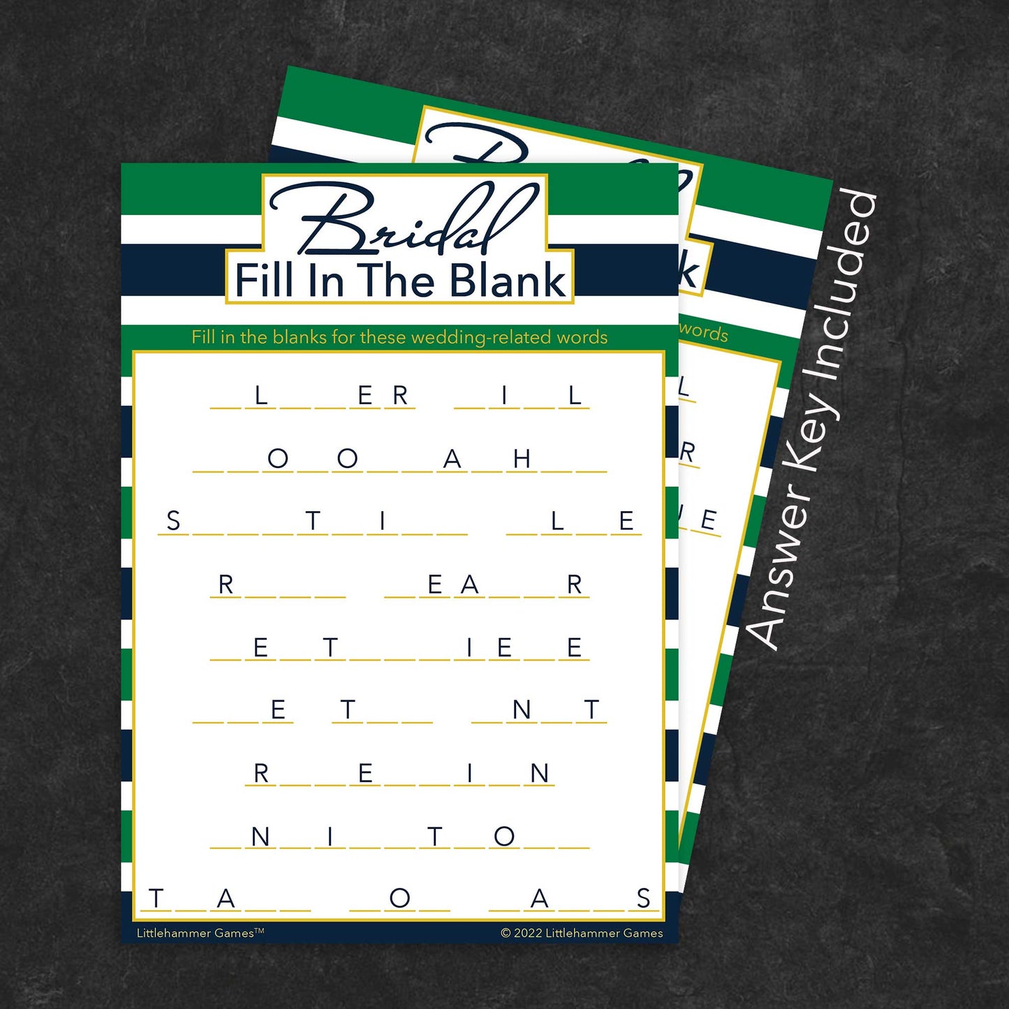 Bridal Fill in the Blank game card with a green and navy-striped background with answer card tucked behind it on a slate background with white text that says "Answer Key Included"