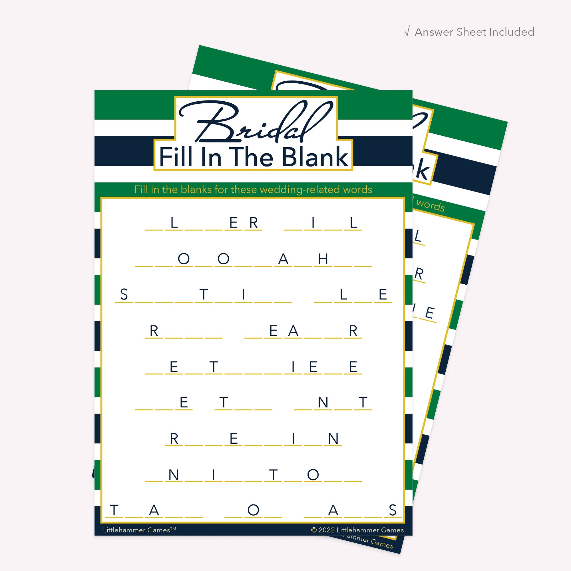 Green and navy stripes Bridal Fill in the Blank printable card with matching answer sheet behind the main card