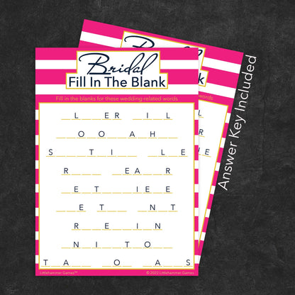 Bridal Fill in the Blank game card with a pink-striped background with answer card tucked behind it on a slate background with white text that says "Answer Key Included"