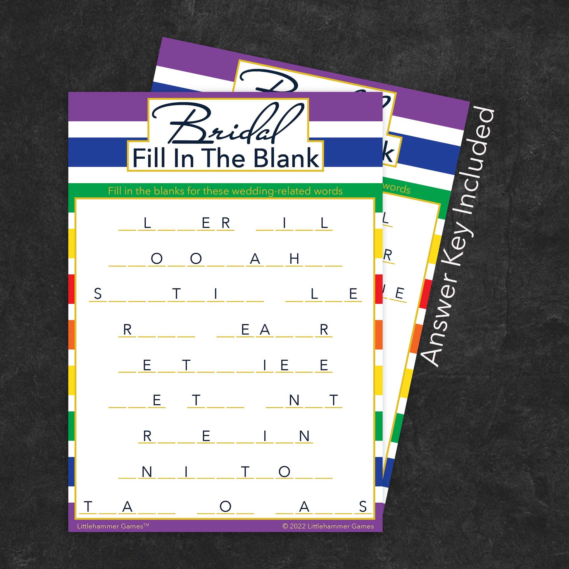 Bridal Fill in the Blank game card with a rainbow-striped background with answer card tucked behind it on a slate background with white text that says "Answer Key Included"