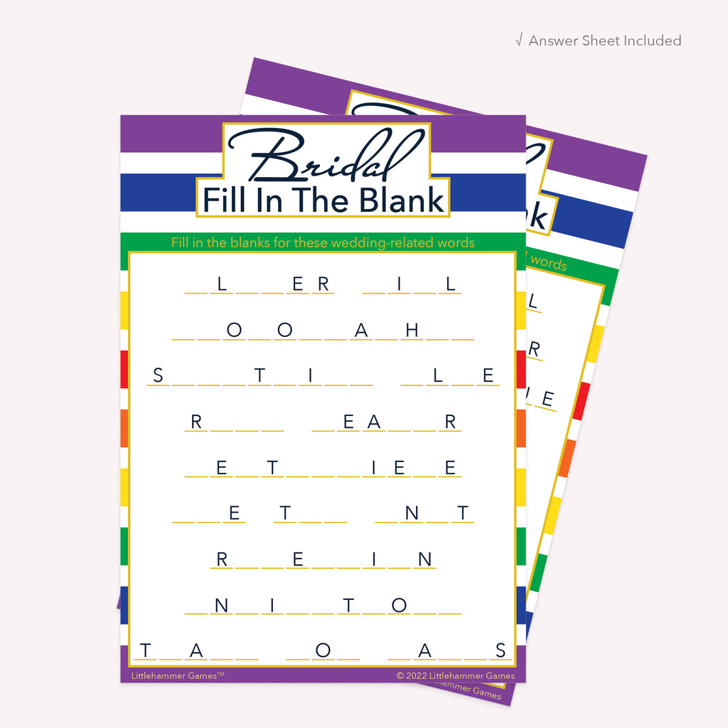 Bridal Fill in the Blank game card with a rainbow-striped background with answer card tucked behind it on a slate background with white text that says "Answer Key Included"