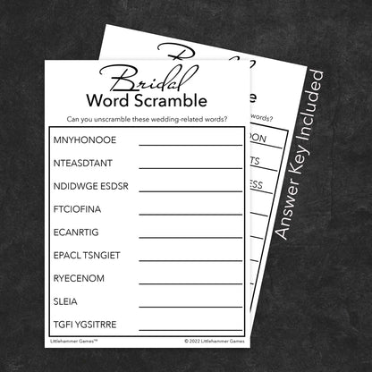 Bridal Word Scramble game card with a minimalist black and white background with answer card tucked behind it on a slate background with white text that says "Answer Key Included"