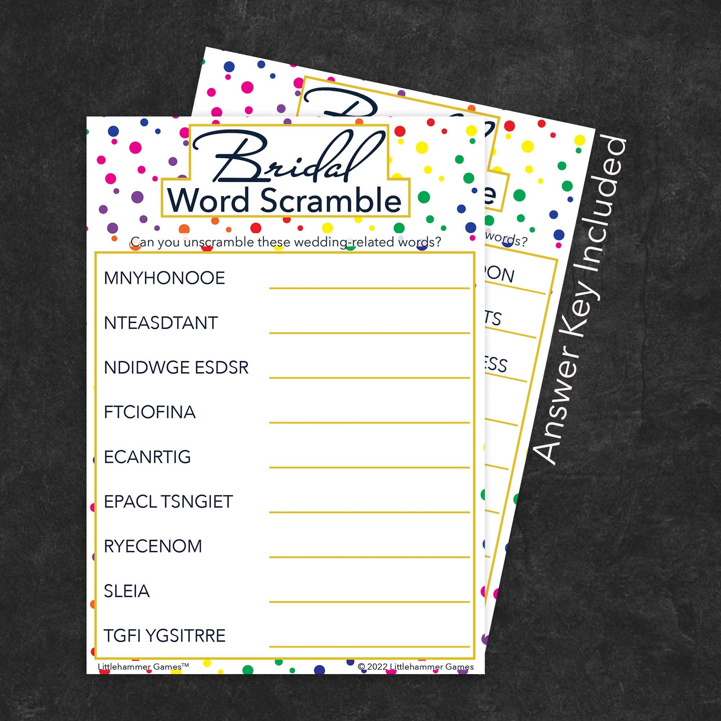 Bridal Word Scramble game card with a rainbow polka dot background with answer card tucked behind it on a slate background with white text that says "Answer Key Included"