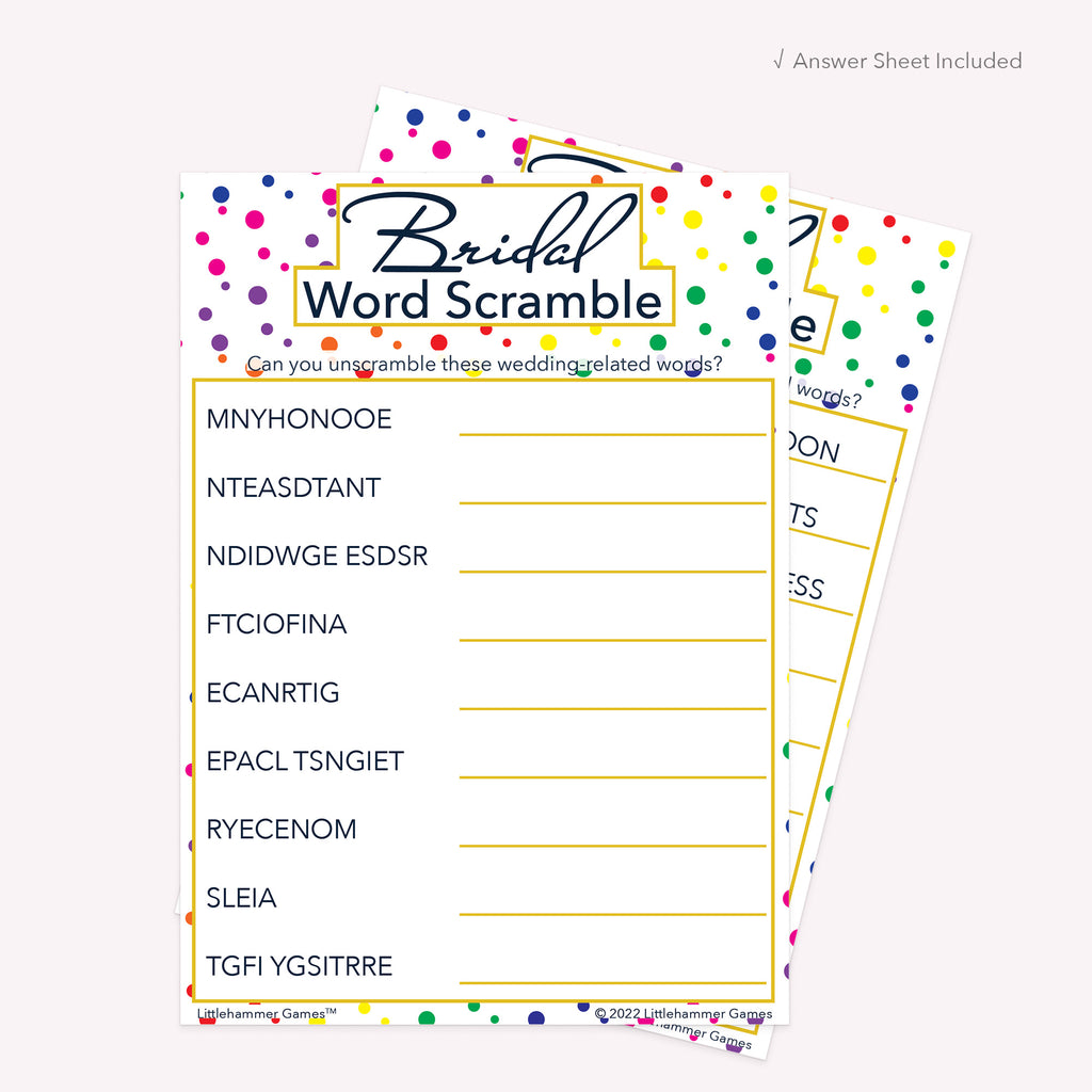 Bridal Word Scramble game card with a rainbow polka dot background with answer card tucked behind it on a slate background with white text that says "Answer Key Included"