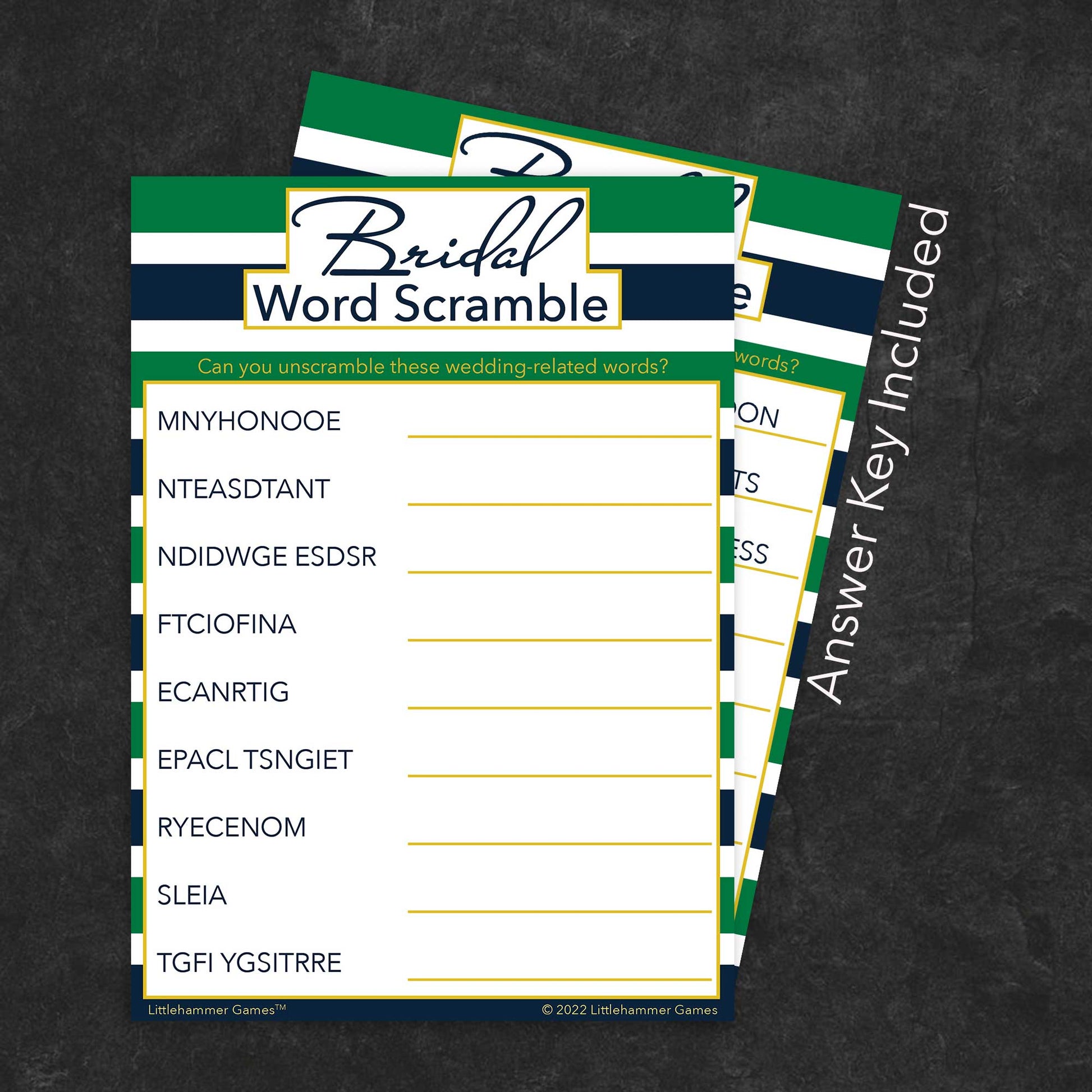 Bridal Word Scramble game card with a green and navy-striped background with answer card tucked behind it on a slate background with white text that says "Answer Key Included"