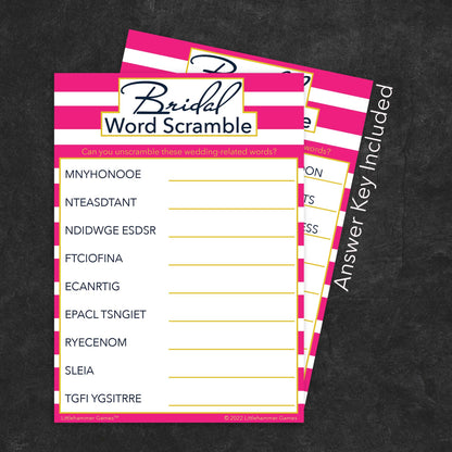 Bridal Word Scramble game card with a pink-striped background with answer card tucked behind it on a slate background with white text that says "Answer Key Included"