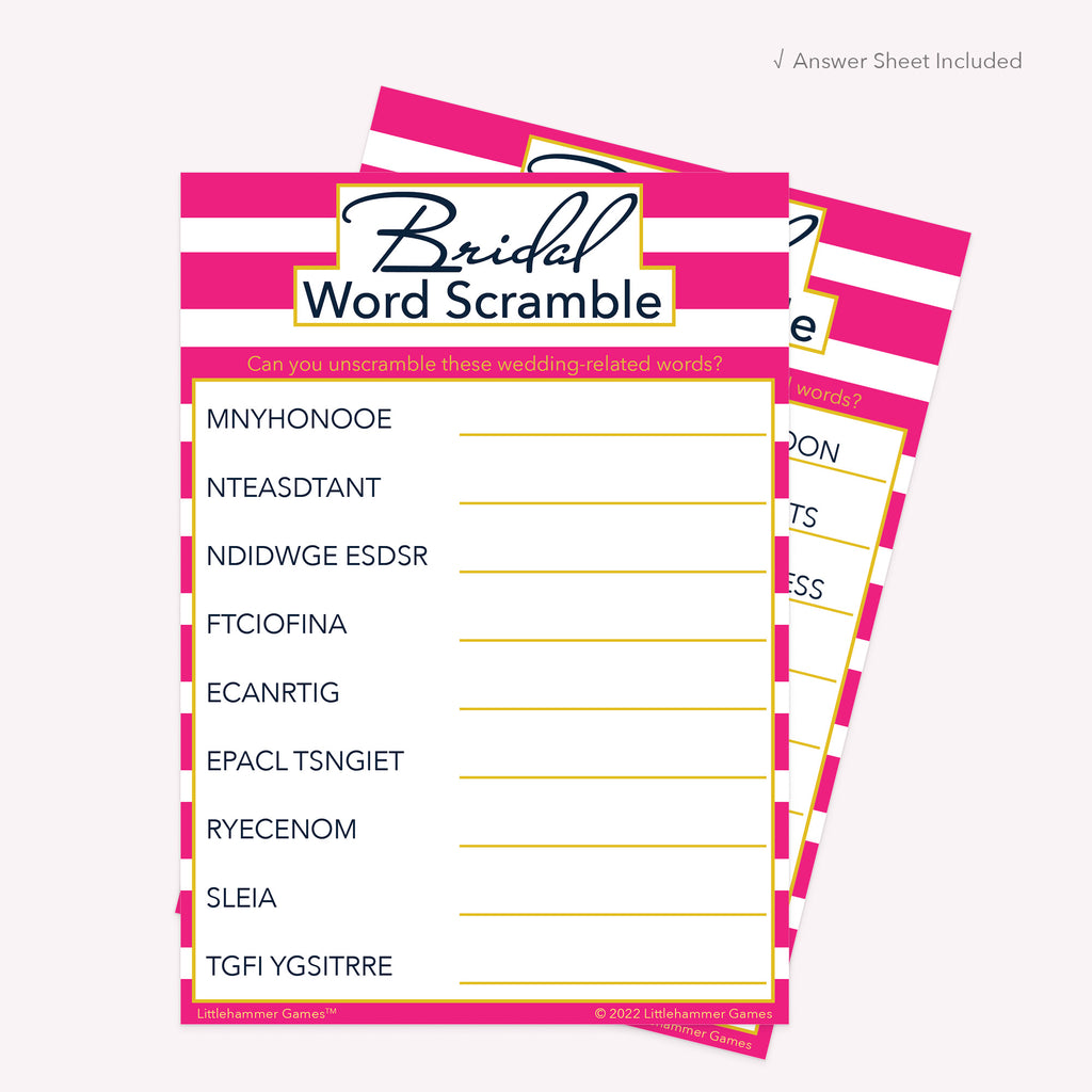 Bright pink-striped Bridal Word Scramble printable card with coordinating answer sheet displayed