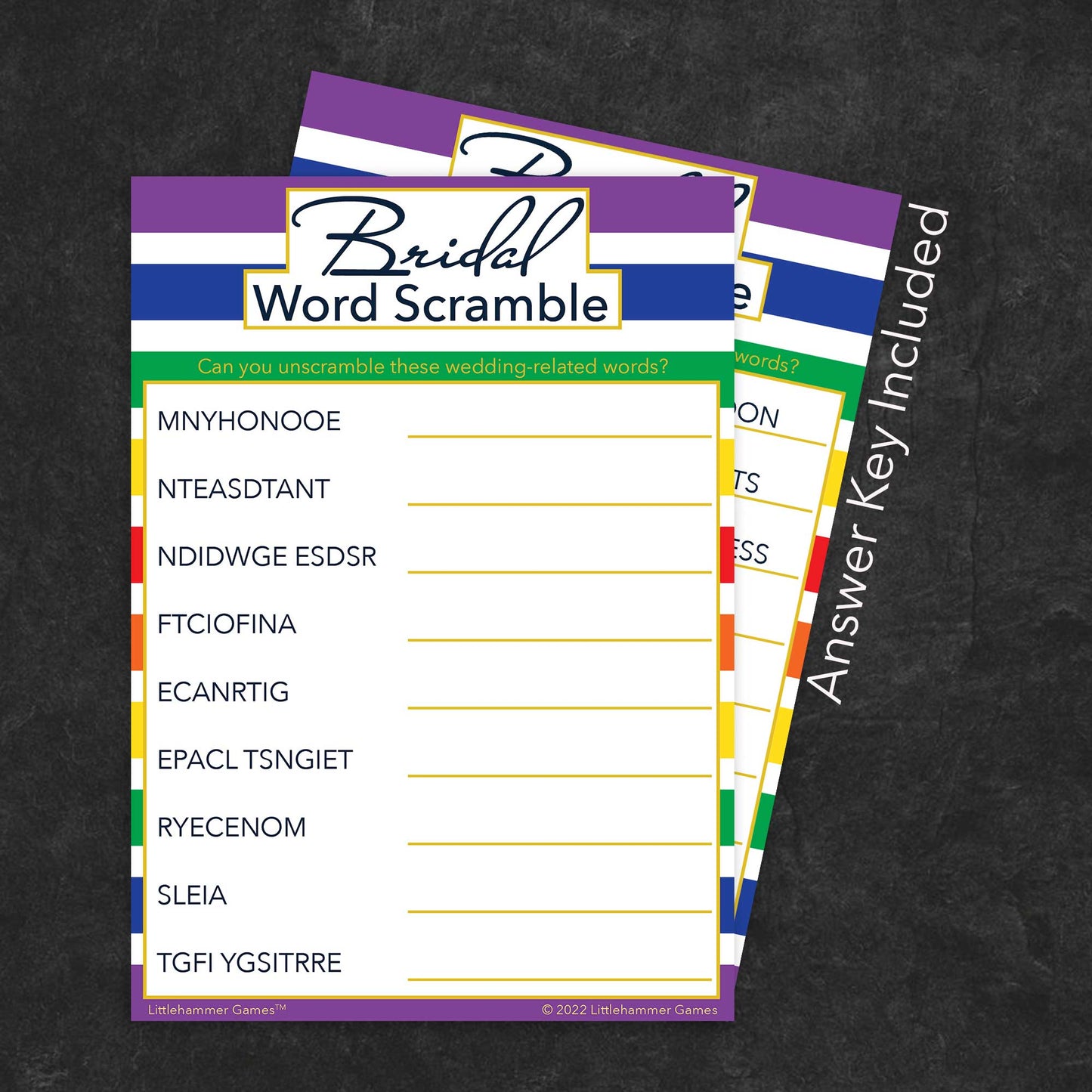 Bridal Word Scramble game card with a rainbow-striped background with answer card tucked behind it on a slate background with white text that says "Answer Key Included"