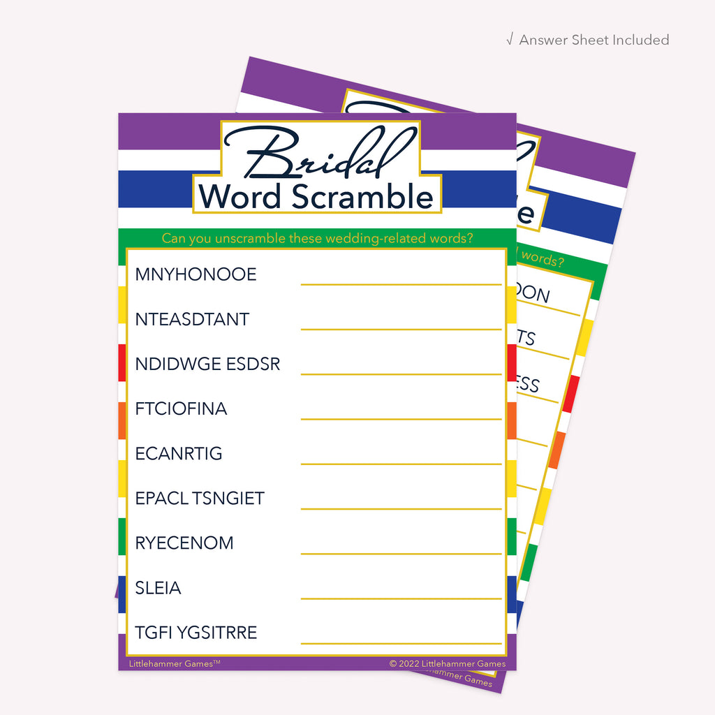 Bridal Word Scramble game card with a rainbow-striped background with answer card tucked behind it on a slate background with white text that says "Answer Key Included"