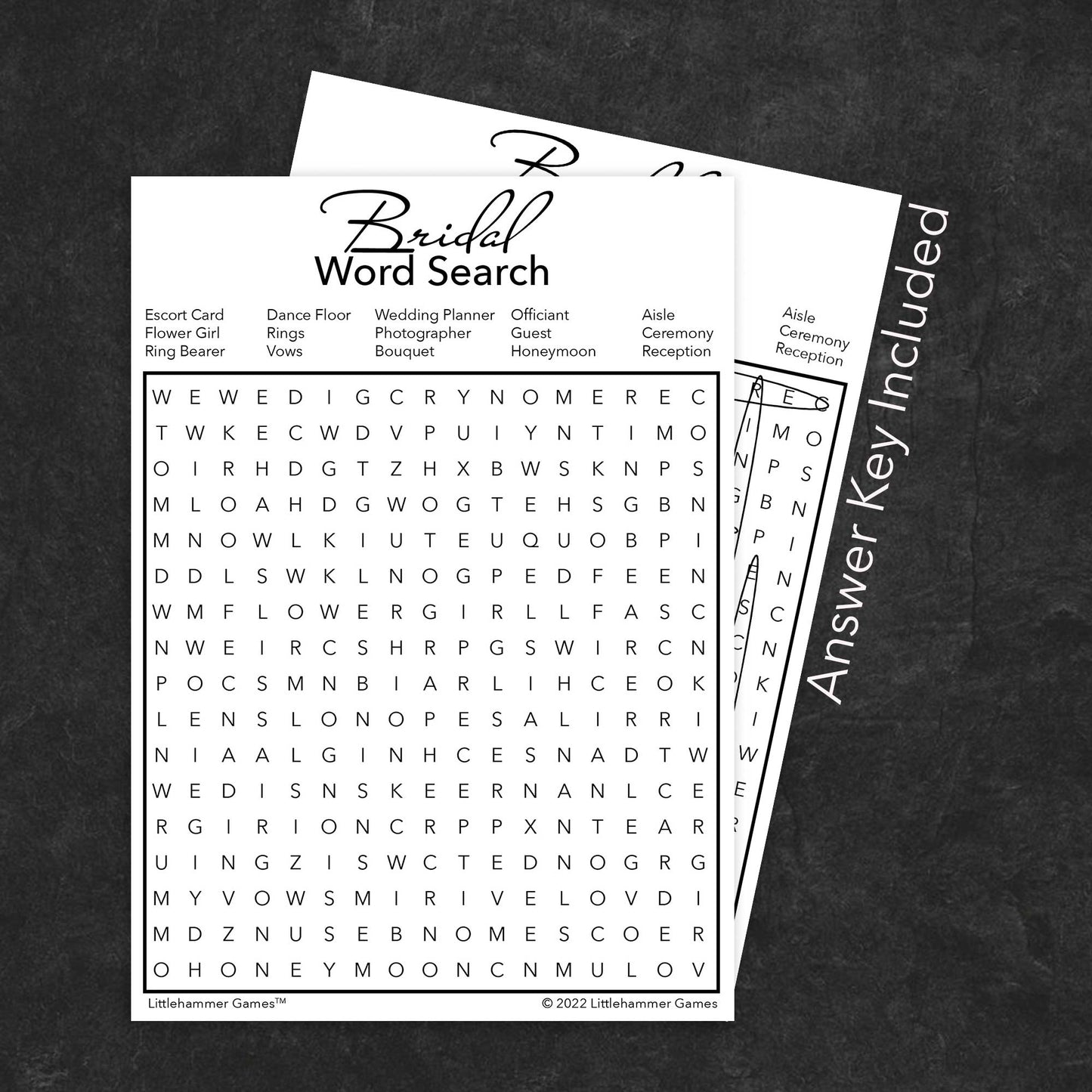 Bridal Word Search game card with a minimalist black and white background with answer card tucked behind it on a slate background with white text that says "Answer Key Included"