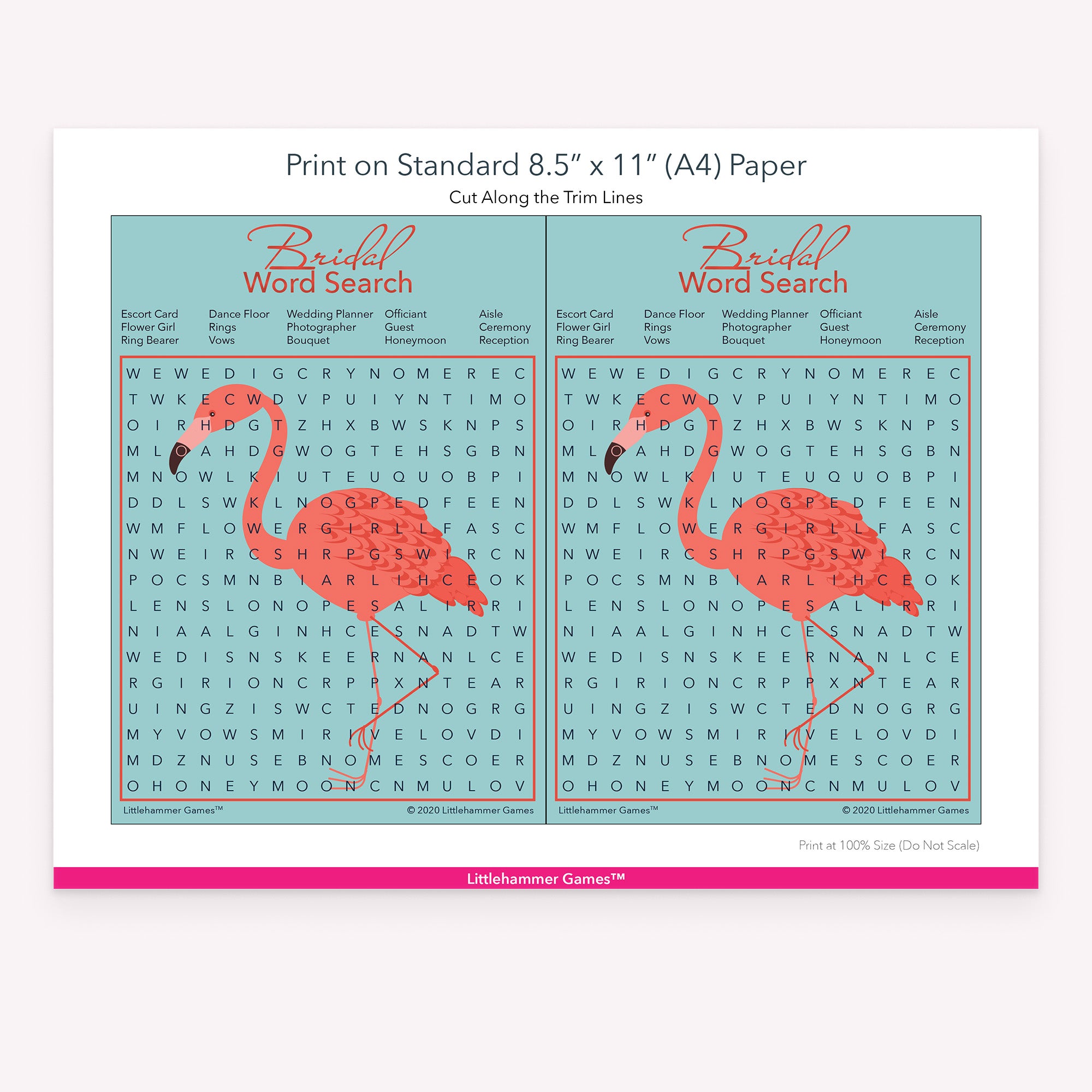 Bridal Word Search flamingo game cards with printing instructions