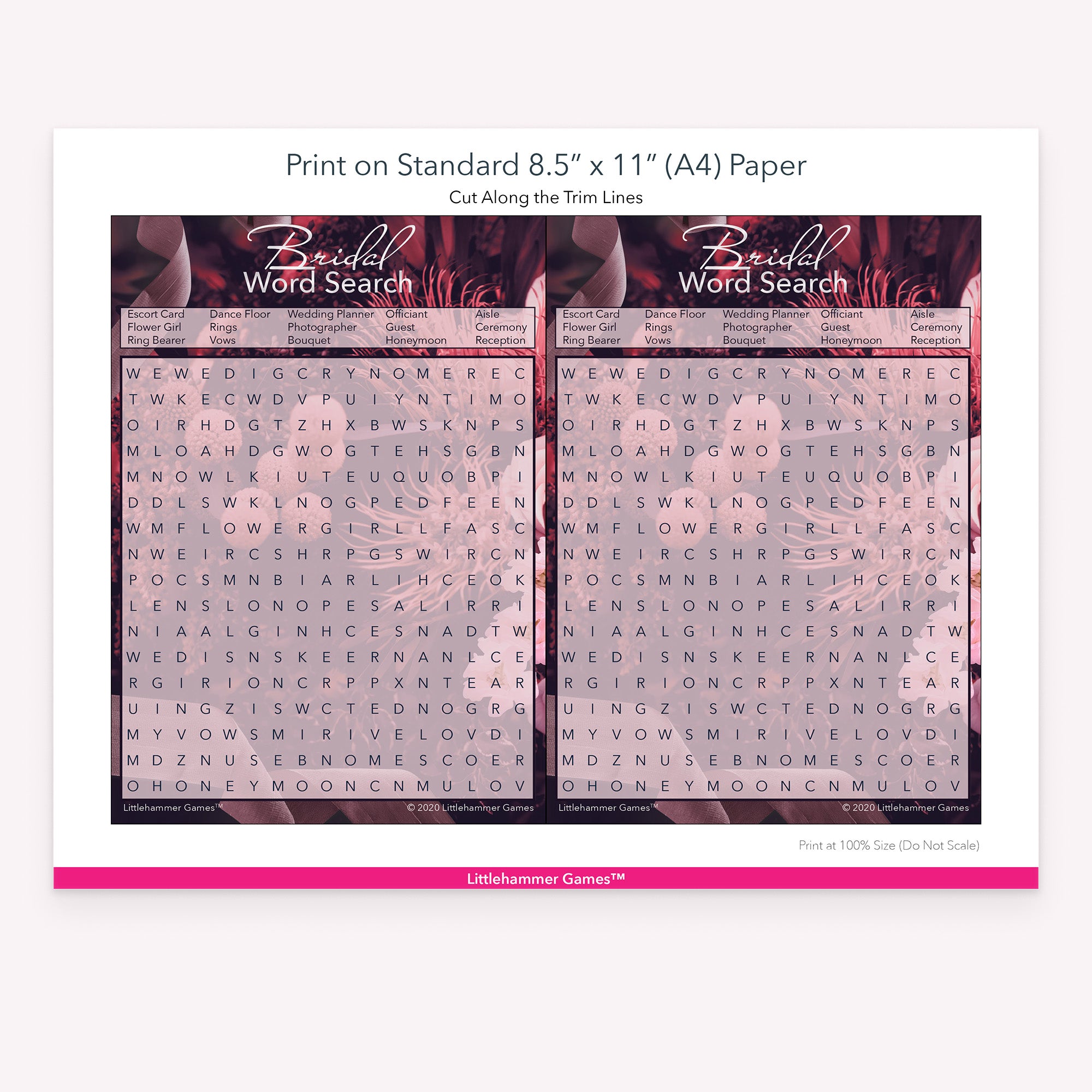Bridal Word Search dark floral game cards with printing instructions