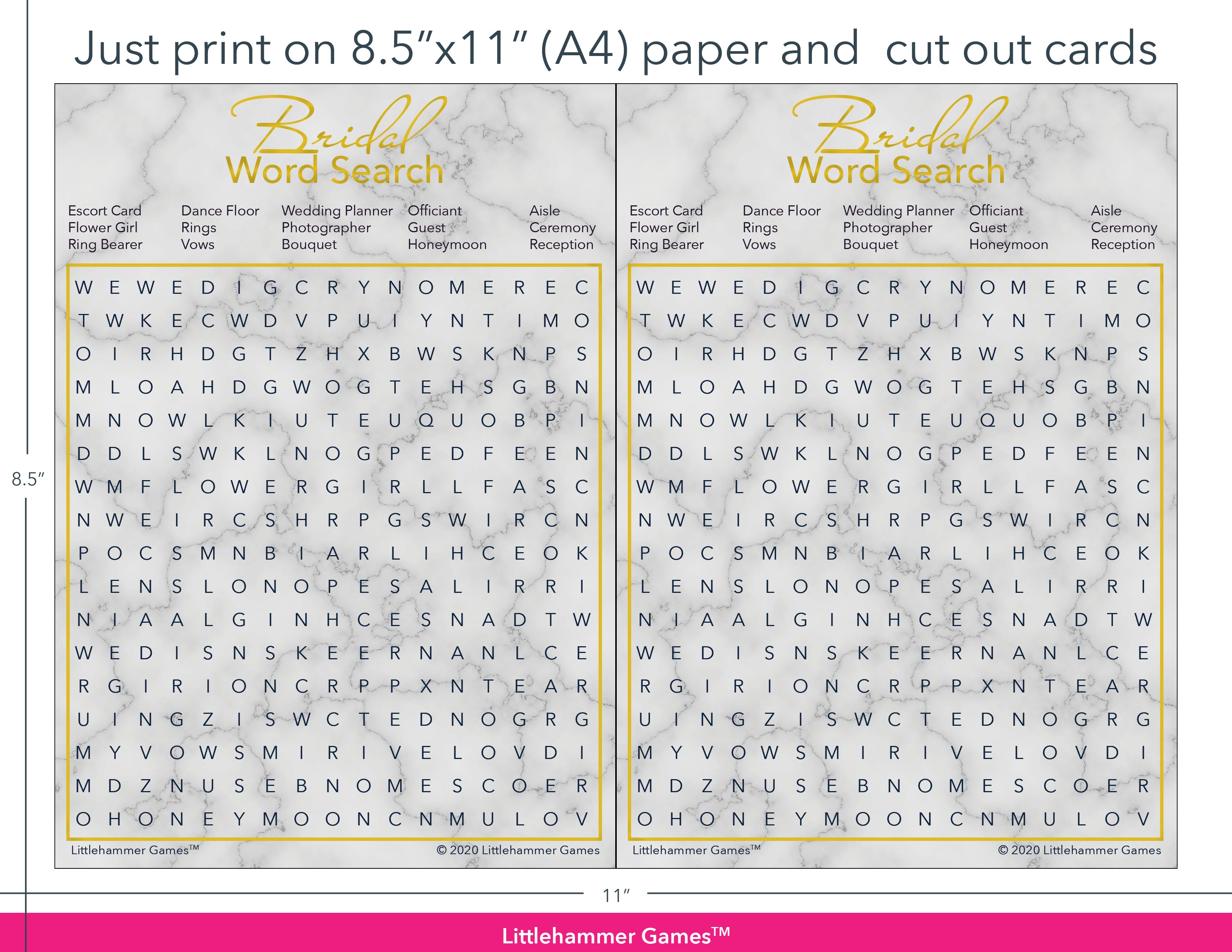 Bridal Word Search gold and marble game cards with printing instructions