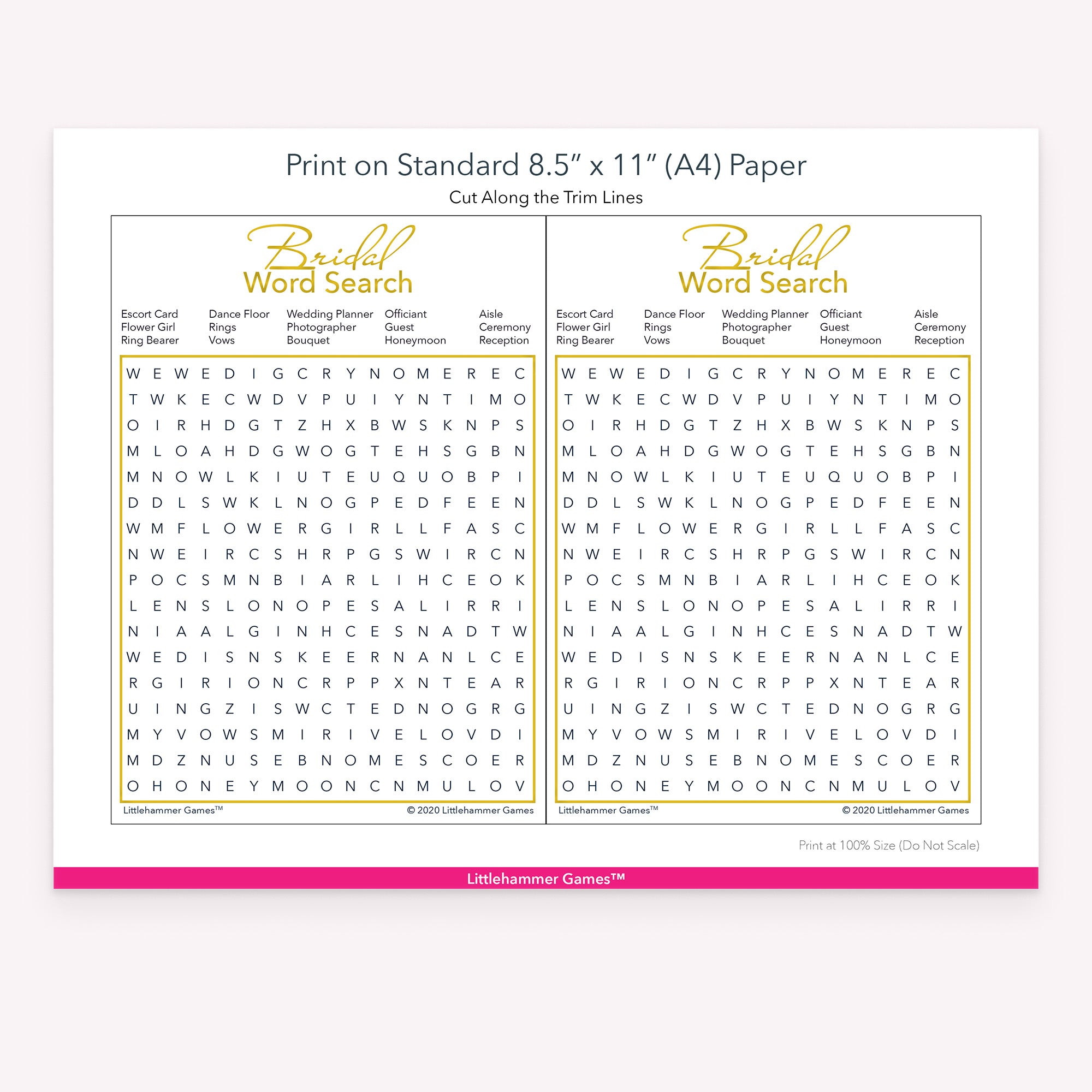 Bridal Word Search gold and white game cards with printing instructions