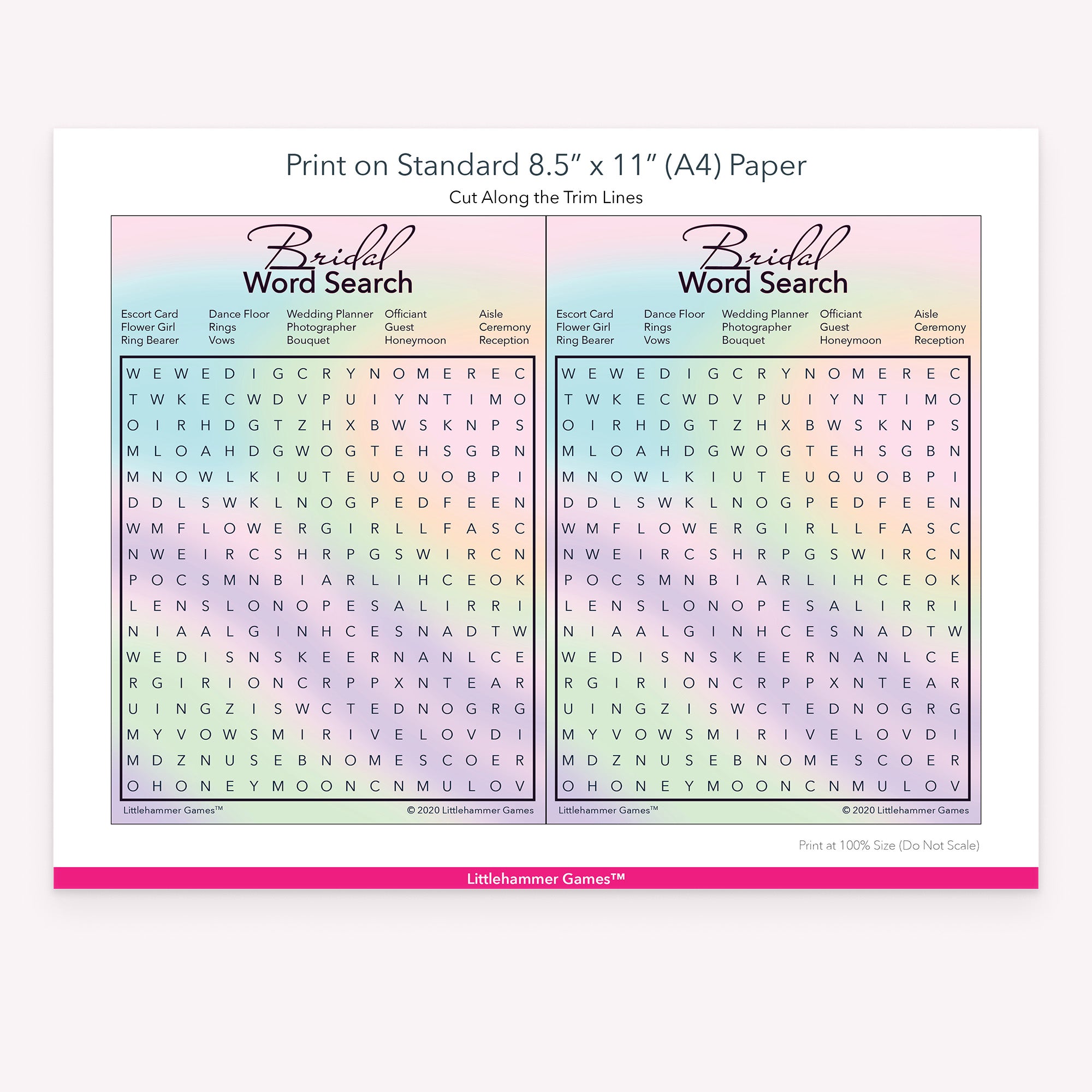 Bridal Word Search hologram-themed game cards with printing instructions