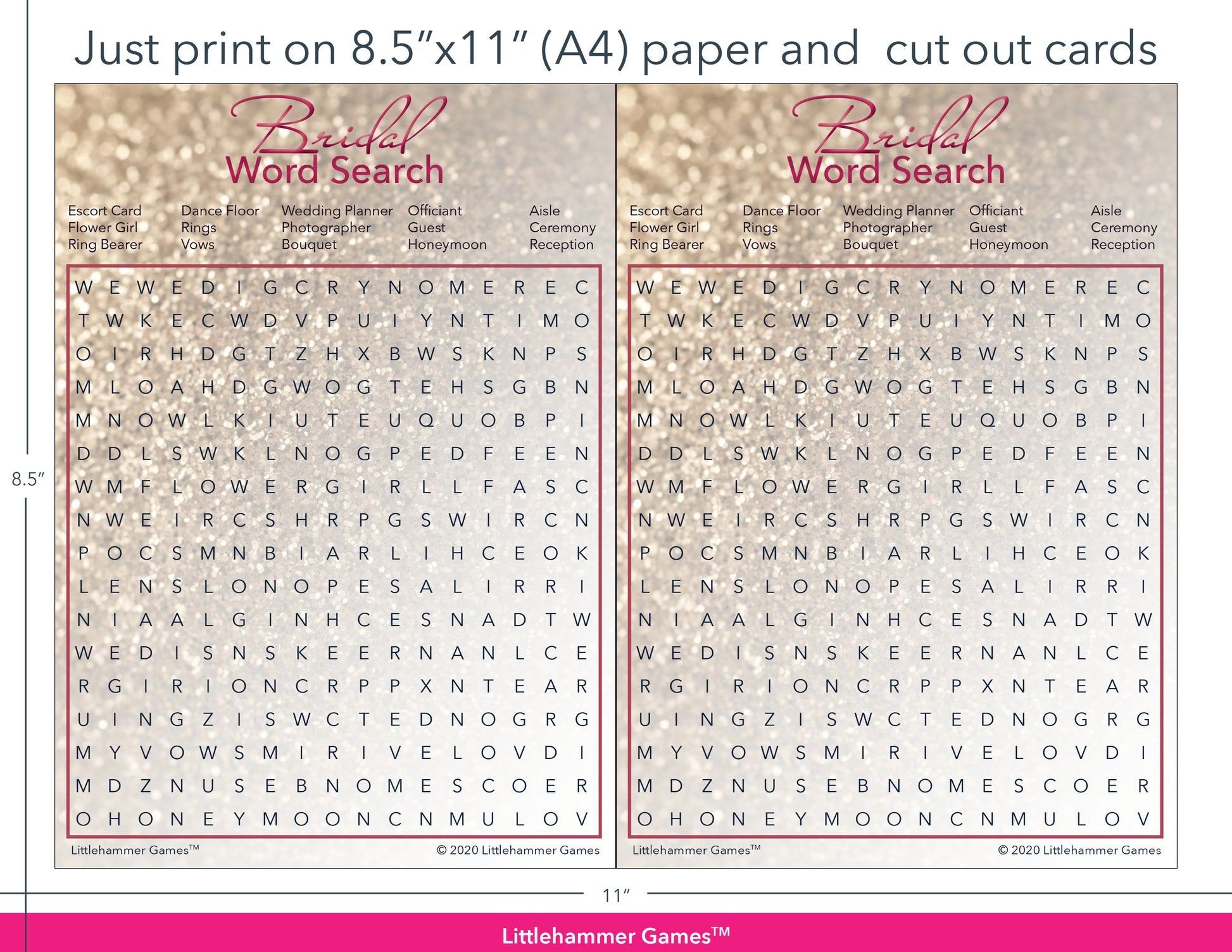 Bridal Word Search glittery rose gold game cards with printing instructions