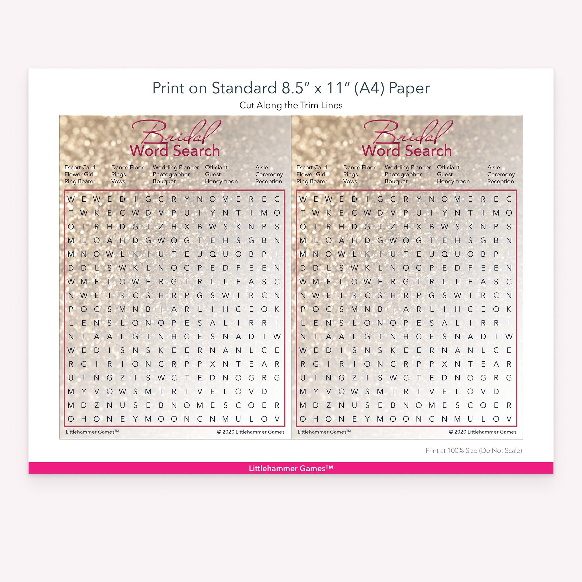 Bridal Word Search glittery rose gold game cards with printing instructions