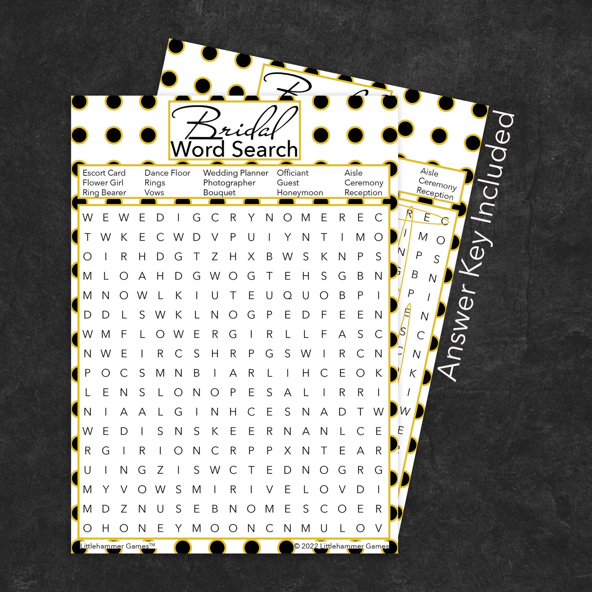 Bridal Word Search game card with a black and gold polka dot background with answer card tucked behind it on a slate background with white text that says "Answer Key Included"