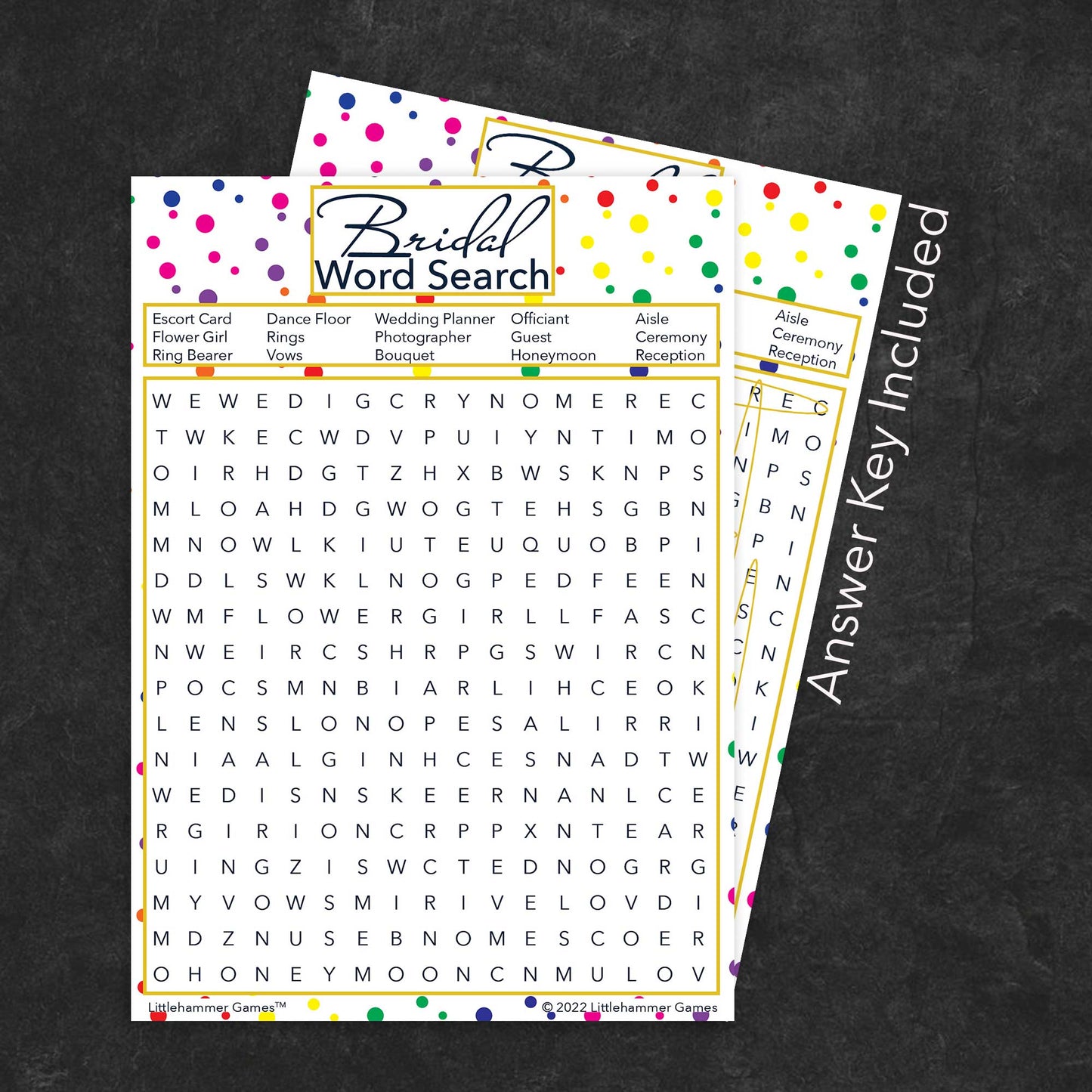 Bridal Word Search game card with a rainbow polka dot background with answer card tucked behind it on a slate background with white text that says "Answer Key Included"
